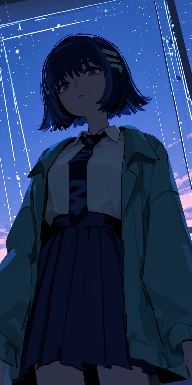 masterpiece, best quality, good quality,anime character, dynamic angle, lazypos, detailed background, vibrant colors, delicate, dreamy,

, solo, 1girl, short hair, blue hair, hairclip,

, collared shirt, tie, skirt, pleated skirt, jacket,

,BREAK (by tianliang duohe fangdongye), [by quasarcake],no lineart,no outline,OTZZK