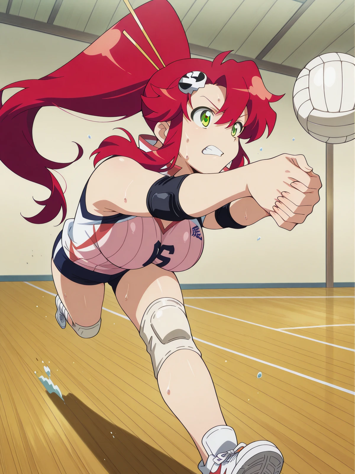 masterpiece, best quality, amazing quality,, <lora:yoko-littner-s1-illustriousxl-lora-nochekaiser:1>, yoko littner, hair between eyes, hair ornament, high ponytail, long hair, red hair, sidelocks, skull hair ornament, yellow eyes, mature female, breasts, anime screencap, <lora:volleyball-roll-illustriousxl-lora-nochekaiser:1>, volleyball roll, solo, full body, sweat, teeth, clenched teeth, ball, running, volleyball, volleyball (object), outstretched arms, own hands together, indoors, volleyball uniform, shorts, shirt, sleeveless, elbow pads, , ,