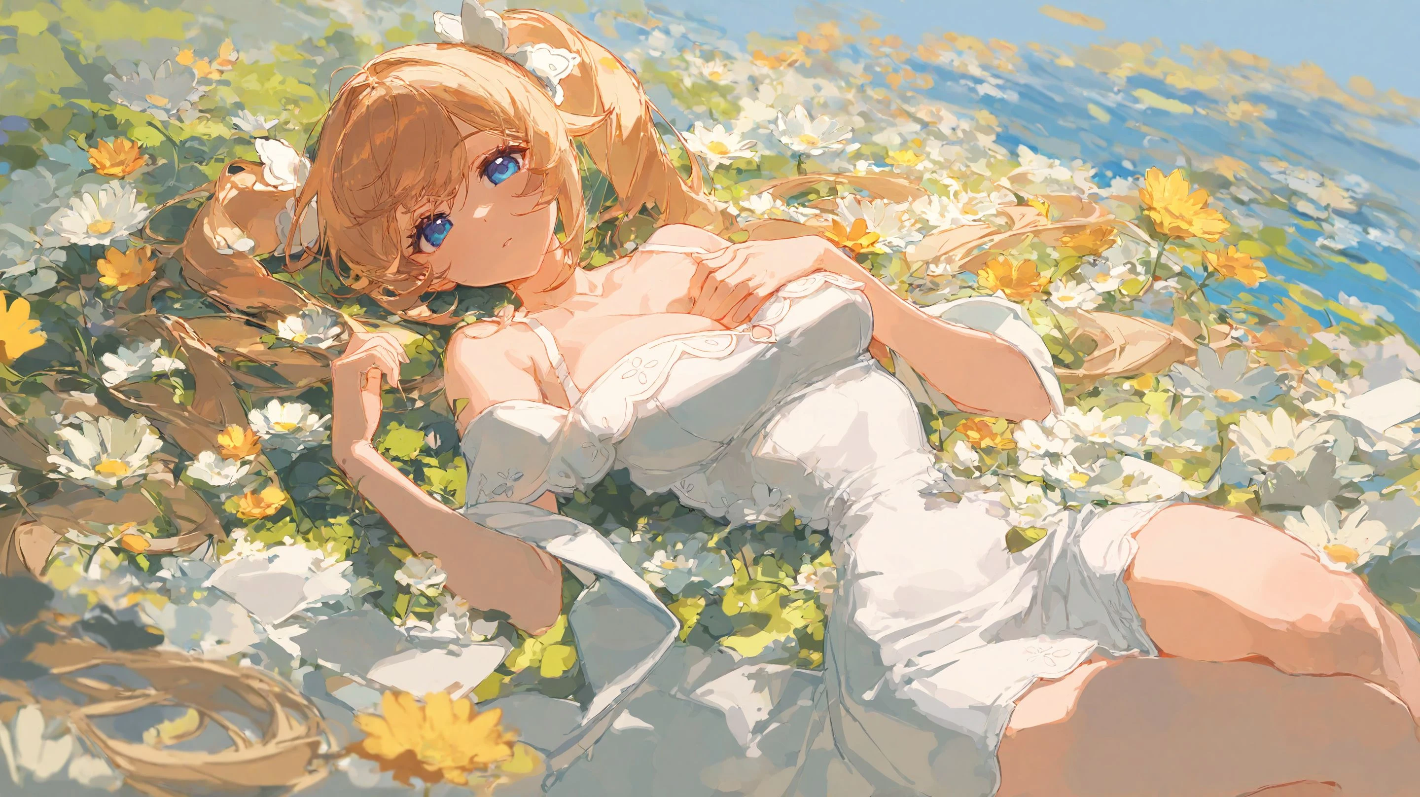 highres,extremely detailed 8k wallpaper,illustration,depth of field,great quality,masterpiece,best quality,amazing quality,very aesthetic,absurdres,detail eyes,
Chosen pastel style,artist:ciloranko BREAK
curvy,(narrow waist:1.1),<lora:Chosen pastel style:0.8>,(Barbara \(genshin impact\):0.8),white dress,bare shoulder,sun dress,short dress,sea of flowers,spring,on back,looking at viewer,shawl,twintails,upper body,show cleavage,hand on breast
