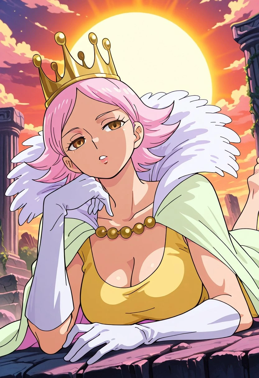 CharlotteBroyeOP, 1girl, solo, light pink hair, short hair, brown eyes, gold crown, lips, cleavage, large breast, long light yellow dress, fluffy white collar, pale green cape, white elbow-length gloves, scoop neckline, wide hips, white curves peplum, sash, dress ornament, flower ornament, roses ornament, sword on belt,
masterpiece, best quality, fine details, intricate details, depth of field, subsurface scattering, bokeh, ultra-detailed, very aesthetic, detailed background, newest, scenery, highres, absurdres, colorful, vibrant, glowing, perfect face, 2d, perfect eyes, vibrant saturated colors, volumetric lighting, sharp, detailed eyes, perfect anatomy, perfect face, perfect eyes, mature body, clear eyes, beautiful eyes, athletic, curvy body, athletic girl, perky tits, perfect tits, round breasts, pinup pose, teasing, lustful expression, perfect hands,
muscular female, dutch angle, dynamic pose,
evening, sun, sky, clouds, light blue feet, barefoot, ancient ruins, debris, mist, fog, vines, ruins, stone bricks, rocks, puddles, sun shine through clouds, cloudy, outdoors, lying on stomach on stone ledge, looking to side, head tilt, bored, parted lips, feet up,
,Smooth Negative, Smooth_Quality,
dark_fantasy_style, dark fantasy, retro,