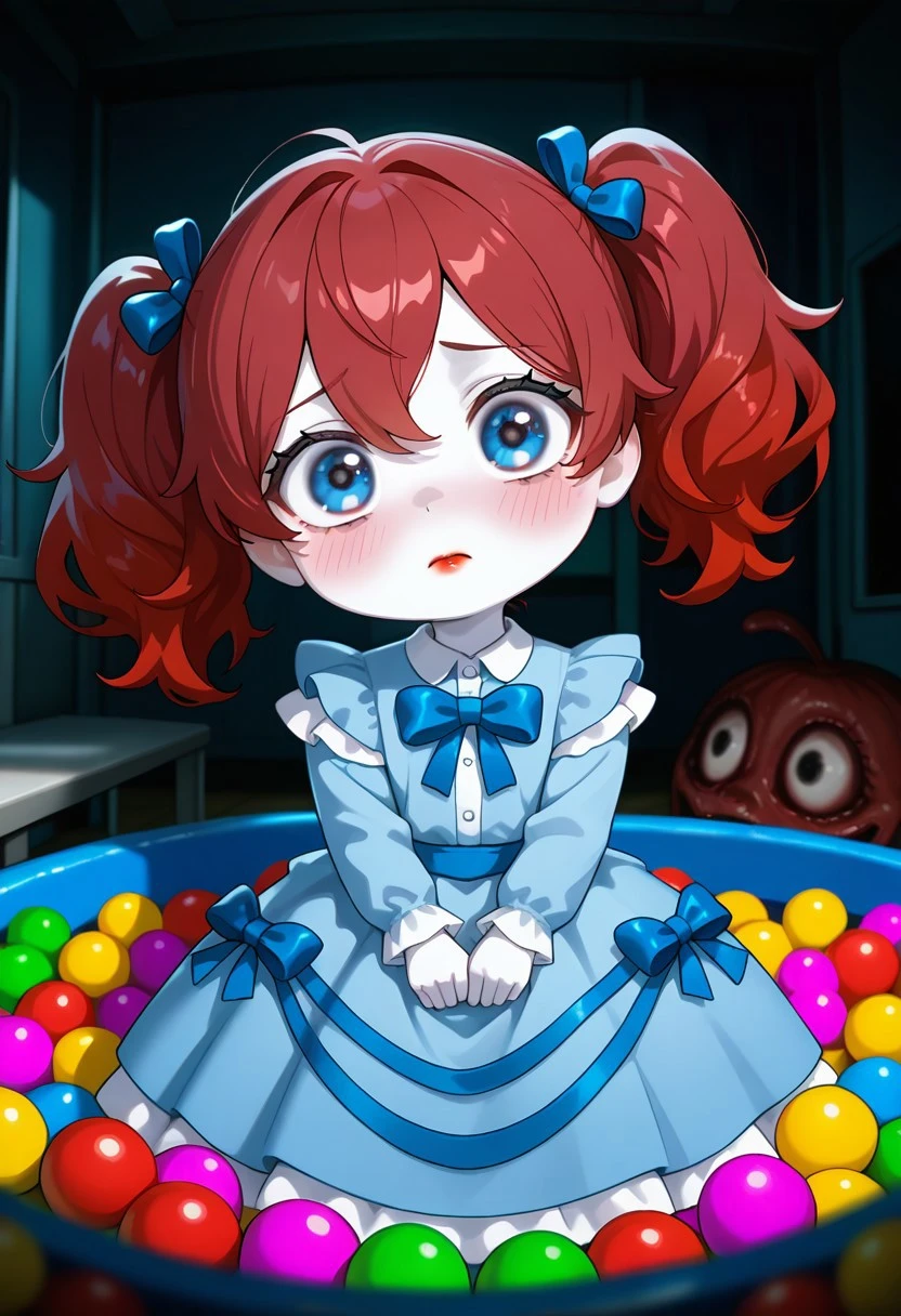 popplay, 1girl, twintails, red hair, blue bow, lipstick, blue dress, blush, long sleeves, white skin, big head, adult, shortstack,, big eyes,
daycare, play place, ball pit, dark, sad, horror (theme), dull colors, sad, 
,masterpiece, best quality, amazing quality, very aesthetic, absurdres, newest,,(( cinematic,))
