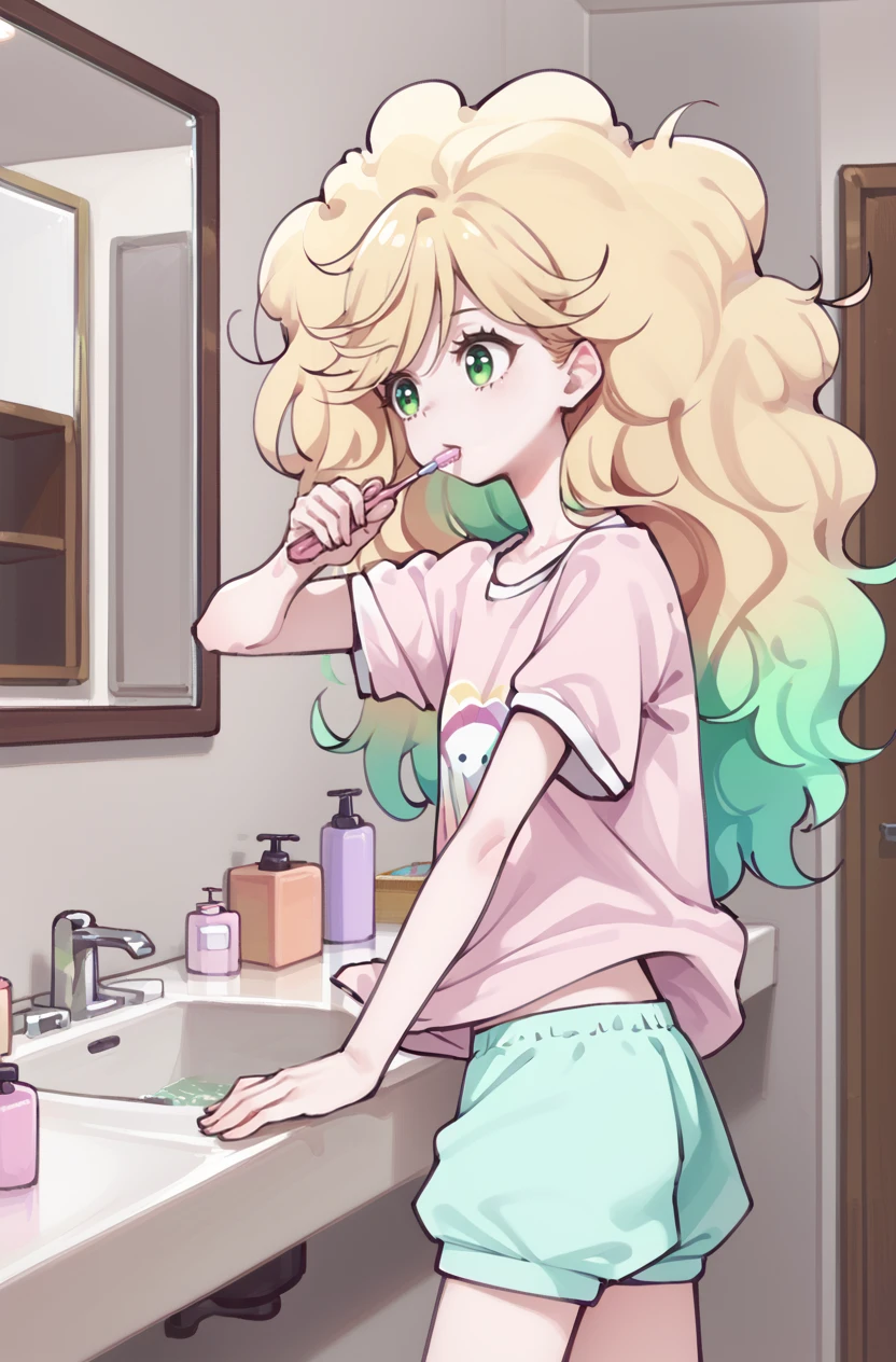 score_9, score_8_up, score_7_up, masterpiece, best quality, amazing quality, very aesthetic, newest, absurdres, highres,
1girl, solo,
 <lora:WatanabeSarasaPonyV1:0.8> watanabesarasa, blonde hair, green hair, multicolored hair, gradient hair, curly hair, green eyes, 
 loose hair, messy hair, bathroom, shirt, shorts, pajamas, toothbrush, sink, faucet,
 <lora:ponyst:0.6>