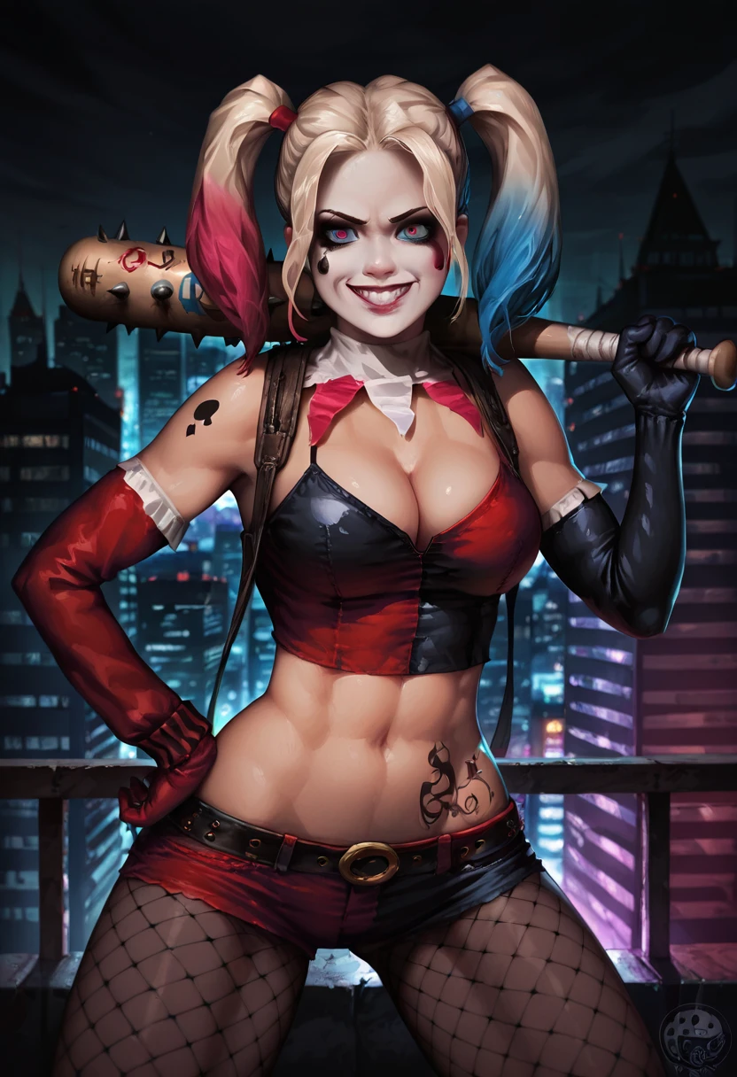 Harley, blonde hair, long hair, blue eyes, makeup, face paint,
corset, collarbone, navel, smile, cleavage, covered nipples,
night,Gotham city, prison cell,
(insanely detailed, beautiful detailed face,beautiful detailed eyes, masterpiece, best quality),solo, large breasts! Enhanced cleavage, round ass, thick thighs!, full body shot