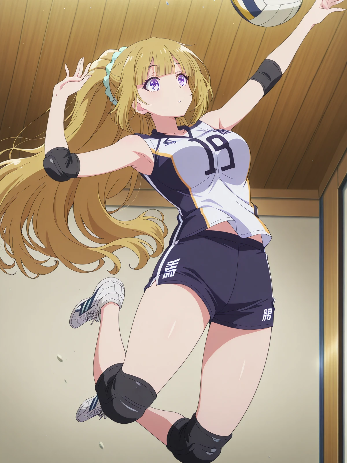 masterpiece, best quality, amazing quality,, <lora:kei-karuizawa-s2-v2-illustriousxl-lora-nochekaiser:1>, kei karuizawa, long hair, bangs, blunt bangs, purple eyes, blonde hair, hair ornament, ponytail, scrunchie, blue scrunchie, mature female, medium breasts, anime screencap,, <lora:volleyball-spike-illustriousxl-lora-nochekaiser:1>, volleyball spike, solo, full body, parted lips, armpits, arms up, ball, jumping, midair, volleyball, volleyball (object), indoors, elbow sleeve, volleyball uniform, shorts, shirt, sleeveless, elbow pads, knee pads, , ,