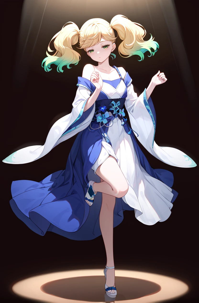 score_9, score_8_up, score_7_up, masterpiece, best quality, amazing quality, very aesthetic, newest, absurdres, highres,
1girl, solo,
 <lora:WatanabeSarasaPonyV1:0.8> watanabesarasa, blonde hair, green hair, multicolored hair, gradient hair, curly hair, green eyes,  twintails, 
 <lora:0759 Yingluo blue Hanfu_v1_pony:0.8> ruanyi0759,blue dress,hanfu,jewelry,veil,off shoulder,wide sleeves,white dress,
 spotlight, half-closed eyes, full body, standing on one leg, dancing, hands up,