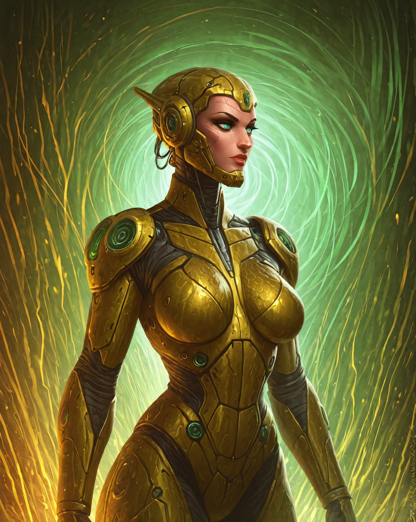 1girl, large breasts, science fiction, 
 <lora:[Raymond Swanland] Artist Style Illustrious:1>, raymondswanlandartiststyleil,