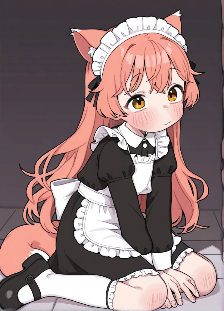 masterpiece, best quality,  <lora:pssmmill:1>pssmm style, by pssmm, pssmm ,1girl, solo, maid outfit, black dress, white apron, knee socks, mary janes, maid headdress, kanade \(beast tamer\), beast tamer,