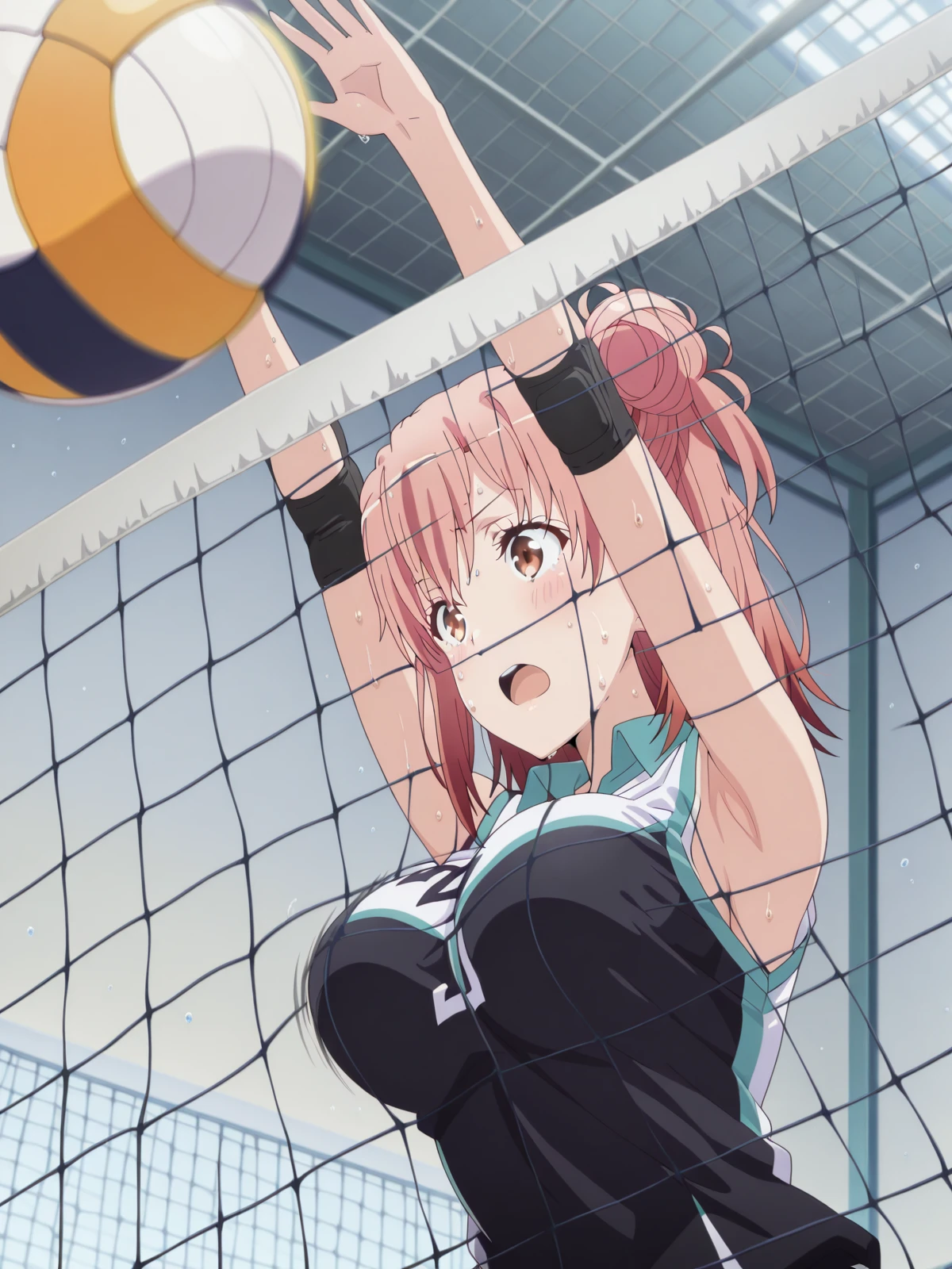 masterpiece, best quality, amazing quality,, <lora:yui-yuigahama-s2s3-illustriousxl-lora-nochekaiser:1>, yui yuigahama, yuigahama yui, short hair, brown eyes, orange hair, hair bun, single hair bun, mature female, breasts, anime screencap,, <lora:volleyball-block-illustriousxl-lora-nochekaiser:1>, volleyball block, solo, blush, open mouth, sweat, armpits, arms up, ball, volleyball, volleyball (object), volleyball net, motion blur, indoors, elbow sleeve, volleyball uniform, shorts, shirt, sleeveless, elbow pads, knee pads, , ,
