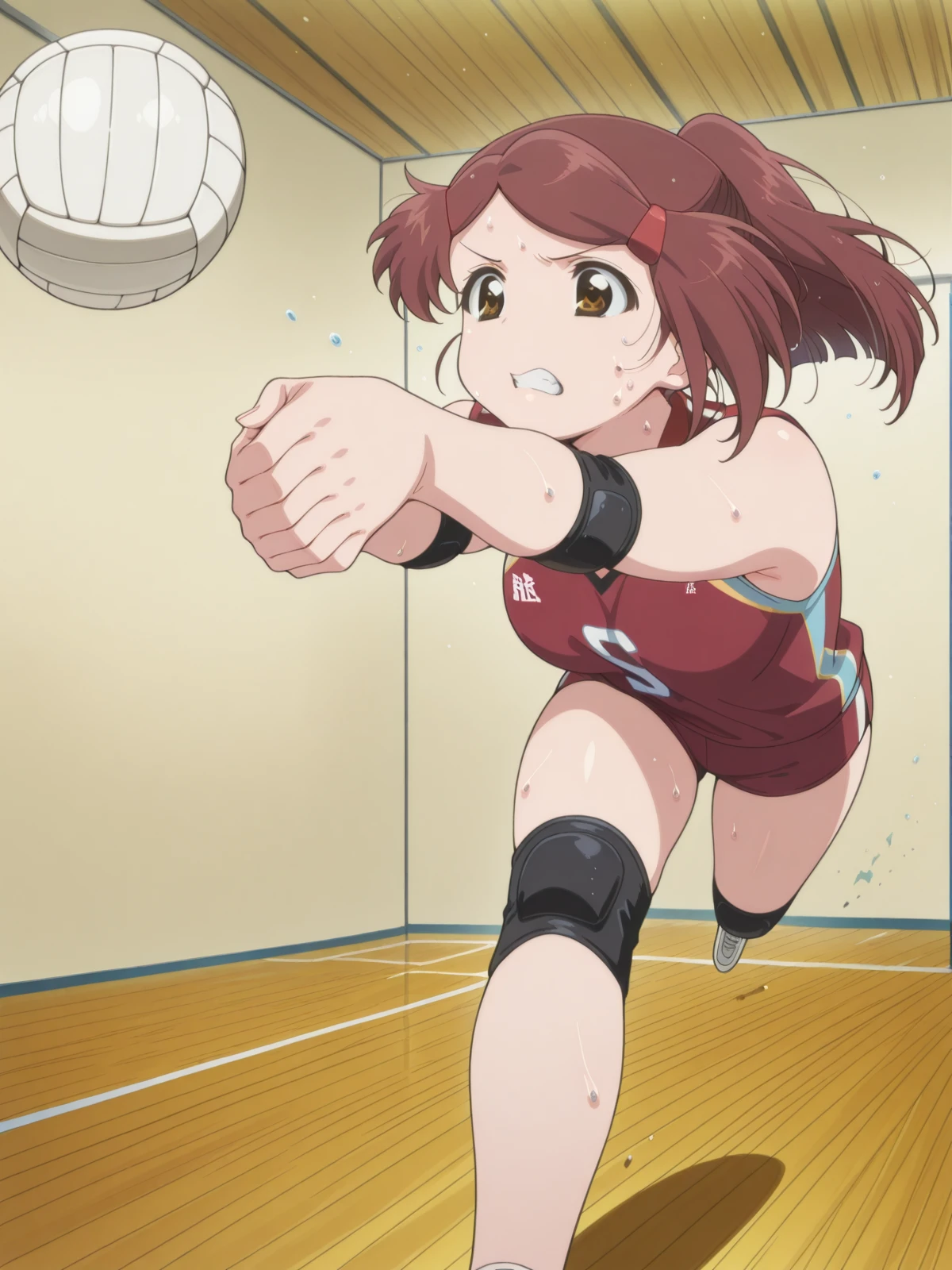 masterpiece, best quality, amazing quality,, <lora:ako-suminoe-ova-illustriousxl-lora-nochekaiser:1>, ako suminoe, suminoe ako, short hair, brown hair, hair ornament, brown eyes, ponytail, hairclip, mature female, small , anime screencap, <lora:volleyball-roll-illustriousxl-lora-nochekaiser:1>, volleyball roll, solo, full body, sweat, teeth, clenched teeth, ball, running, volleyball, volleyball (object), outstretched arms, own hands together, indoors, volleyball uniform, shorts, shirt, sleeveless, elbow pads, , ,