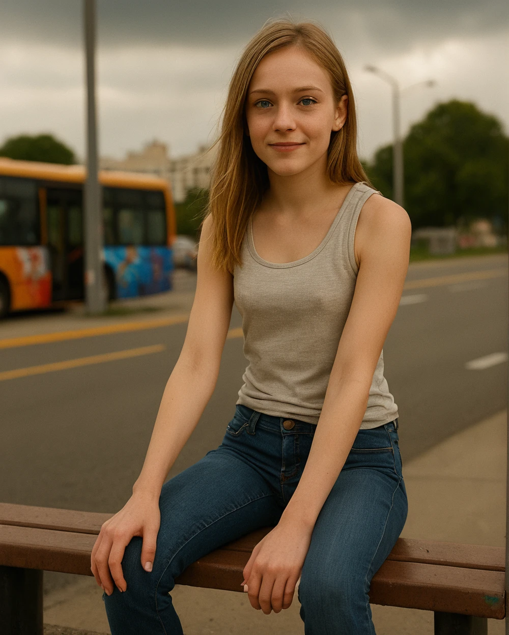 <lora:CharlXL:0.9> a 21 year old woman, wearing a tshirt, white skin,blue eyes, brownish blonde hair,happy, extreme detail, dynamic pose, dynamic lighting, ((high detail face, high detail skin, high detail eyes,)), slim body, outside setting, sitting at a bus stop bench, urban background, daytime, tank top, knee length jeans, sneakers, socks, face focus, cloudy sky, graffiti, artistic photo,