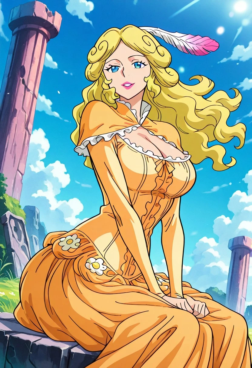Highest quality,masterpiece,Ultra-high resolution,(Realistically:1.4),One girl,shoulder,Detailed eyes,Captivating big ,Looking at the camera,Very delicate skin,(Huge cleavage),Palace-like、( Queen),(Robe Dress),Laugh heartily,(Saggy breastature Woman、Perfect hands、Perfect Eyes, 1990s anime cel style, 1990s Manga Style,