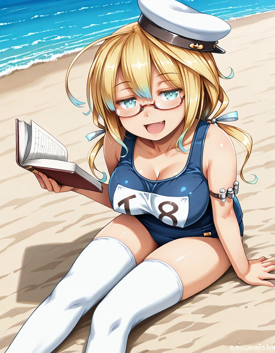 sticking to shirt、Her breasts are visible through her blue and white striped shirt、Blue flared skirt、She lifts her skirt to reveal her cute white lace underwear、Long haired girl wearing glasses、whole body、Sandy beach and blue sky
