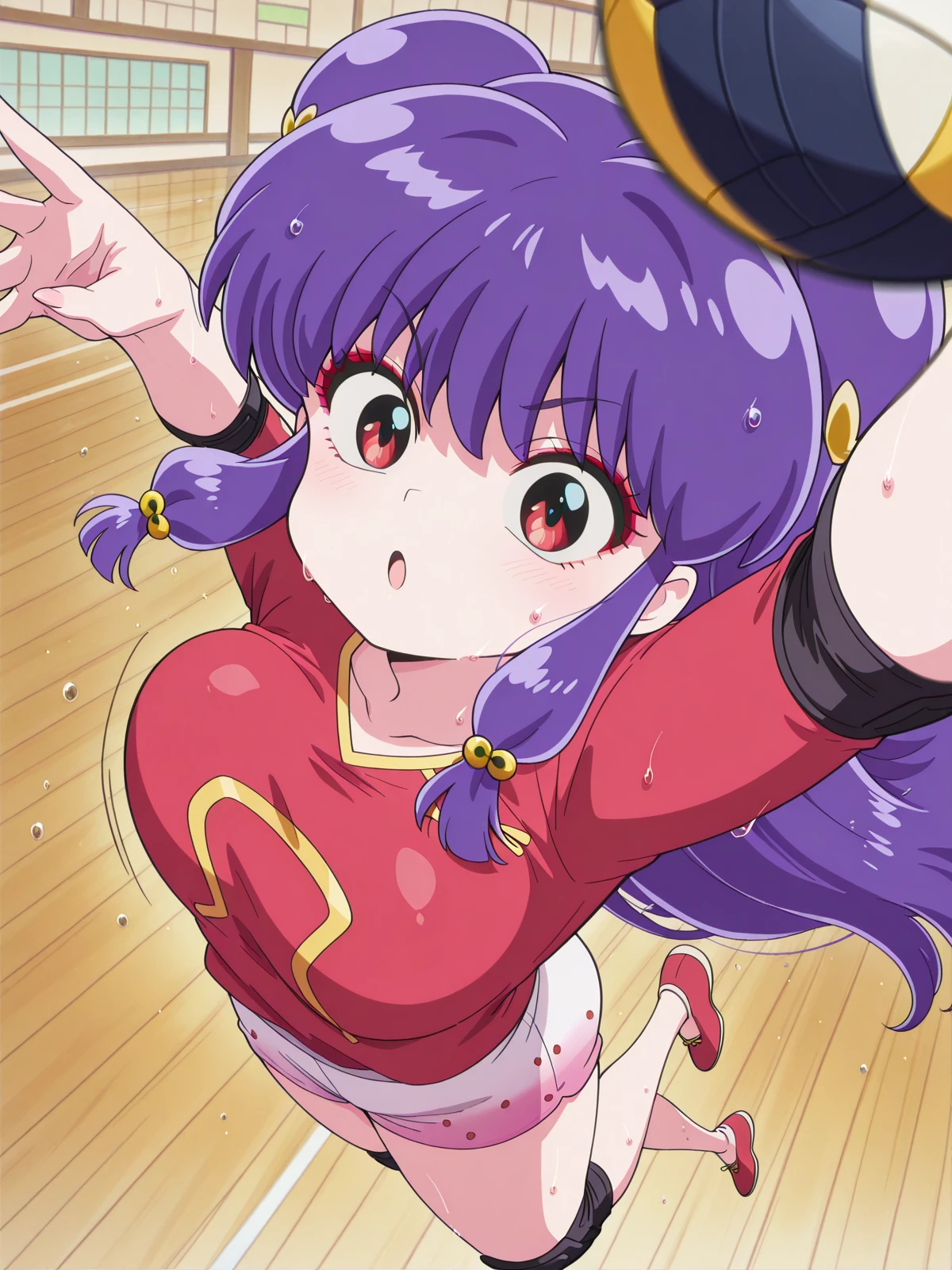 masterpiece, best quality, amazing quality,, <lora:shampoo-s1-illustriousxl-lora-nochekaiser:1>, shampoo, shampoo (ranma 1/2), long hair, hair ornament, red eyes, purple hair, hair bun, double bun, mature female, medium breasts, anime screencap, <lora:volleyball-spike-from-above-illustriousxl-lora-nochekaiser:1>, volleyball spike from above, solo, looking at viewer, blush, open mouth, collarbone, sweat,, blurry, :o, ball, bouncing breasts, jumping, volleyball, volleyball (object), hand up, arm up, indoors, elbow sleeve, volleyball uniform, shorts, shirt, sleeveless, elbow pads, knee pads, , ,