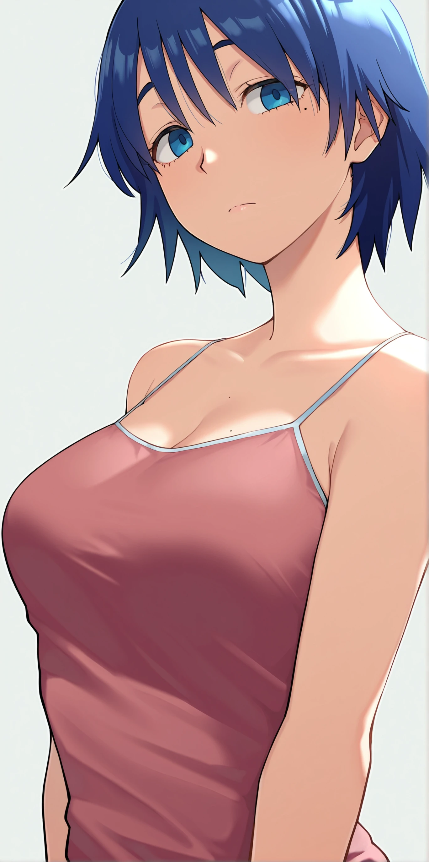 (beautiful detailed eyes, beautiful detailed face, perfect detailed body), mikictr, 1girl, solo, black eyes, short hair, closed mouth, lipstick, blush, huge breasts, crop top, no bra, midriff, navel, upper body:1.5, standing, belt, blue short shorts, simple background