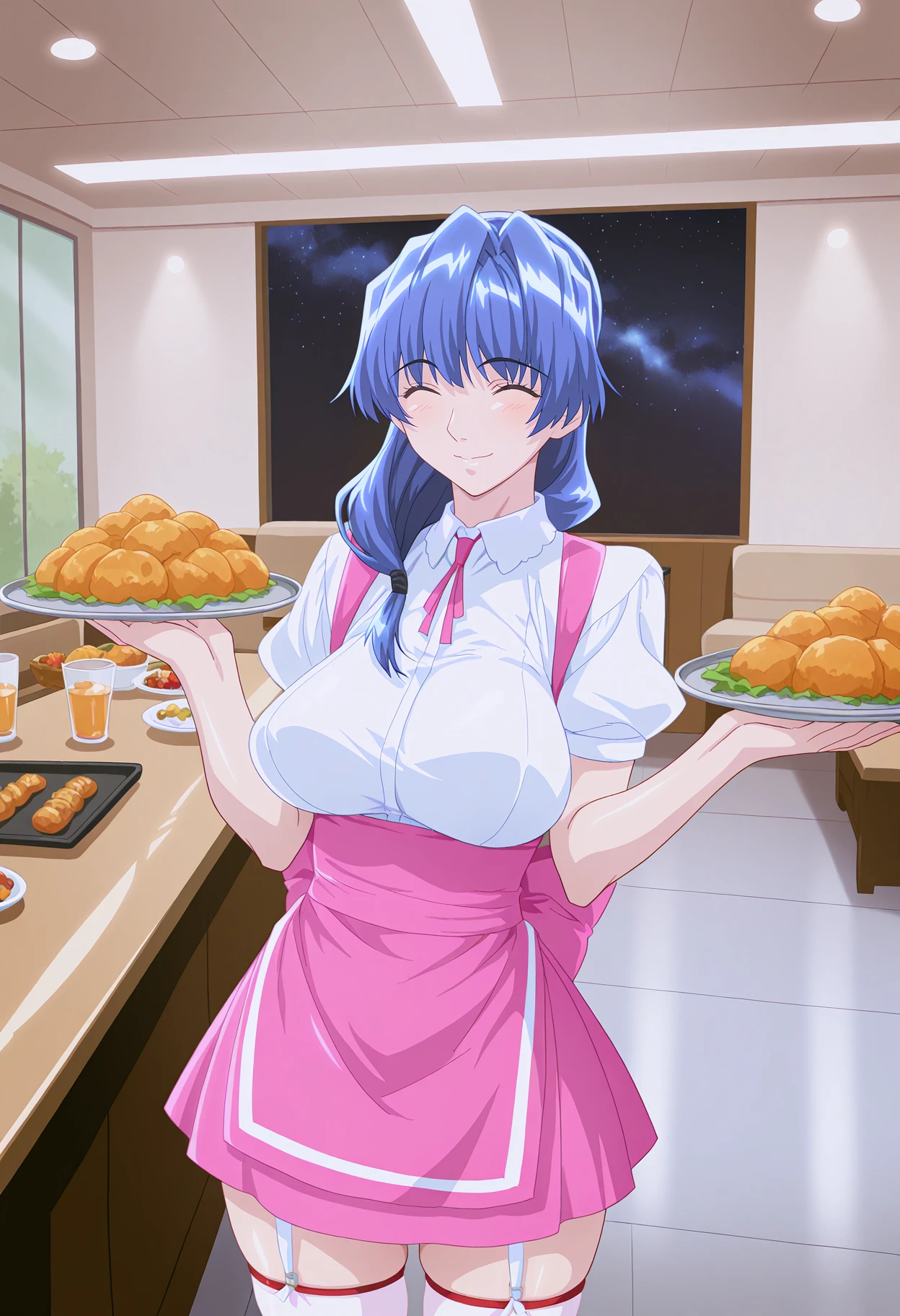 Alien-themed uncensored, masterpiece, best quality, amazing quality, highly detailed, absurdres, 1girl, solo, yoshino chikage, female focus, green eyes, blue hair, low-tied hair, hair over shoulder, large breasts, closed eyes, standing, smile, pink waitress uniform, short pink apron, white blouse, puffy sleeves, pink ribbon necktie, suspenders, pink skirt, thighhighs, red garter straps, large bow, pink pump, giving 1boy a tray of food, restaurant,
<lora:Yoshino Chikage v2.0_1:1.0> . Extraterrestrial, cosmic, otherworldly, mysterious, sci-fi, highly detailed