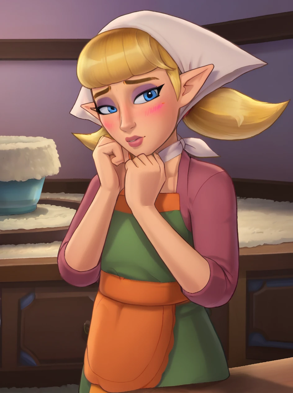 1girl, solo, cowboy shot, looking at the viewer, , eager, , bashful, blushing,
<lora:Peatrice_Skyward_Sword_Pony:0.85> peatrice, blonde hair, pointy ears, head scarf, apron, blush, blue eyes, makeup, lips, bandana
<lora:shadmanreal-guy-PONY-DORAv1:1>âââ