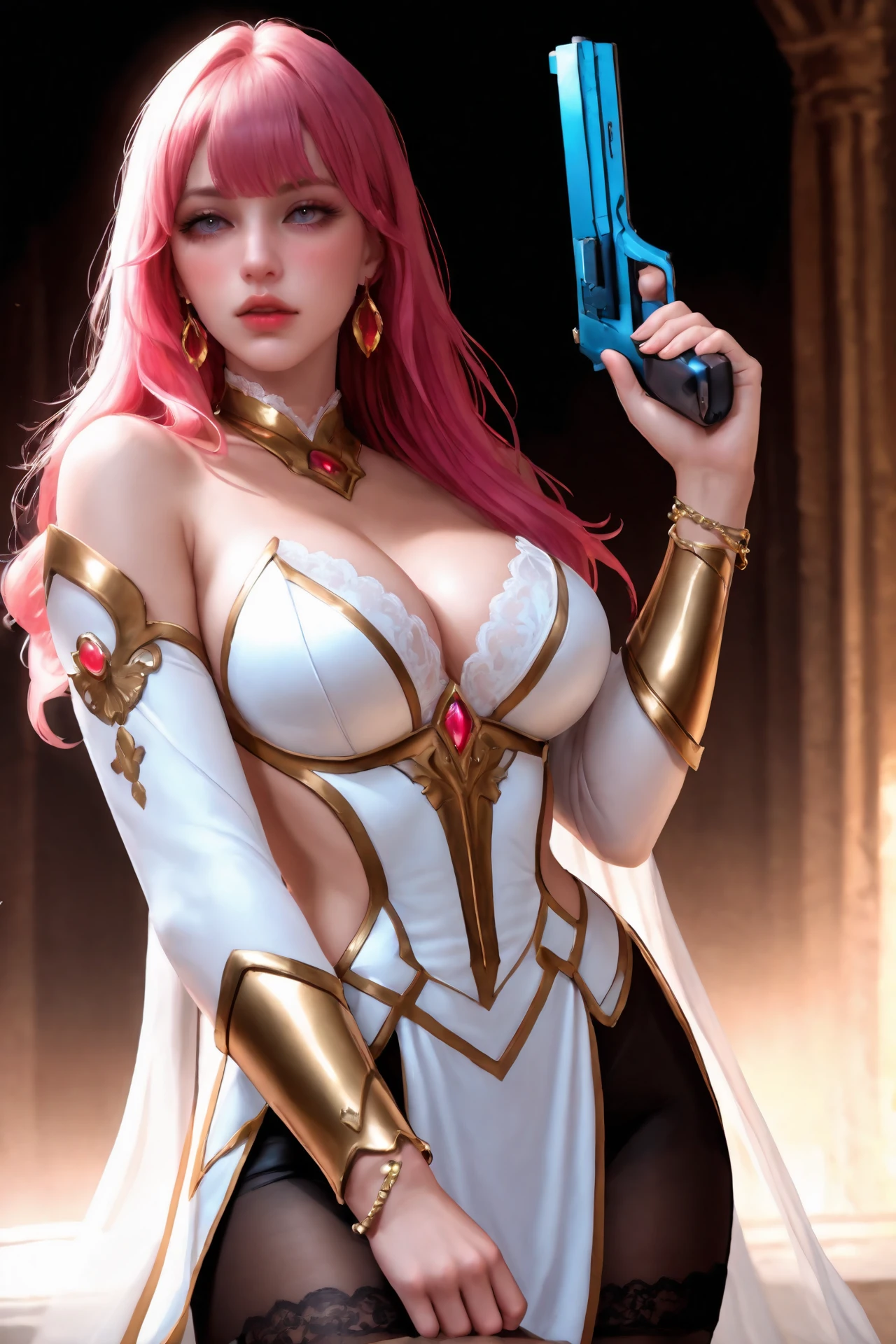(ultra realistic,32k, masterpiece:1.2),(high detailed skin:1.1),( high quality:1.1),
<lora:tlrsephie-nvwls-v1:0.8>sephie michaela deviluke,guilt, pink hair, circlet, choker, white cape, off-shoulder dress, white dress, cleavage, long dress, elbow gloves, blank background, huge breast,large breast,(looking at viewer, portrait:1.1),, <lora:add_detail:0.91>,
(soft shaded:1.1),