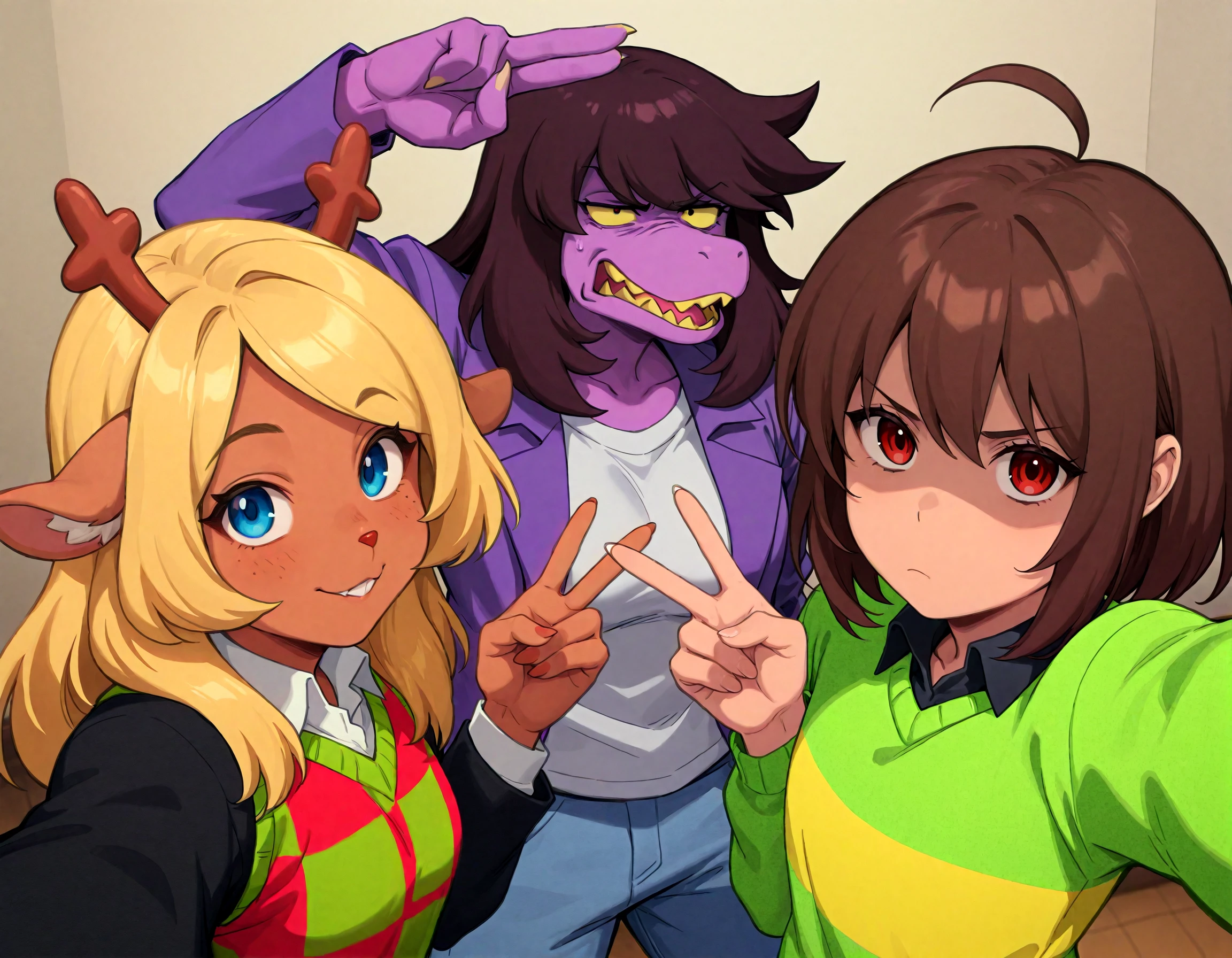 very awa, masterpiece, best quality, (lightkris:1.1), lightsusie, (lightnoelle:0.9), 1boy, 2girls,  selfie, brown hair, blonde hair, shaded face, posing, blue eyes, red eyes, general