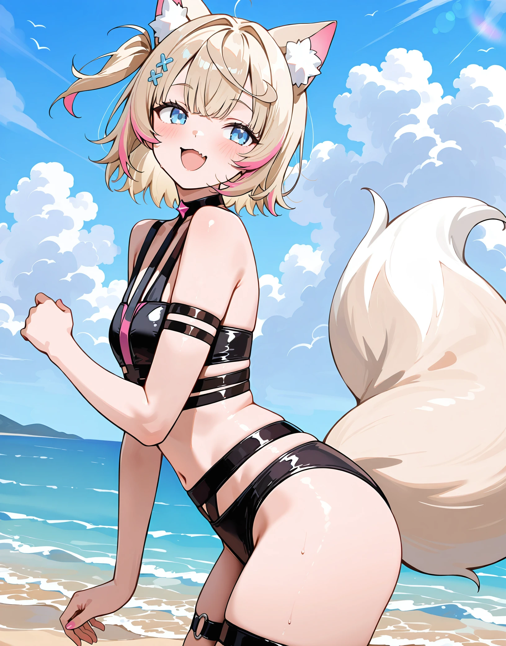 Cute anime cat girl in a swimsuit, Diving in the sea, Cat-like pads on hands and feet, The background is the bottom of the sea, an anime drawing by Puru, pixiv, furry art, sfw version, Rear view, from below, UHD, masterpiece, anatomically correct, textured skin, super detail, high details, high quality, best quality, highres, 8k