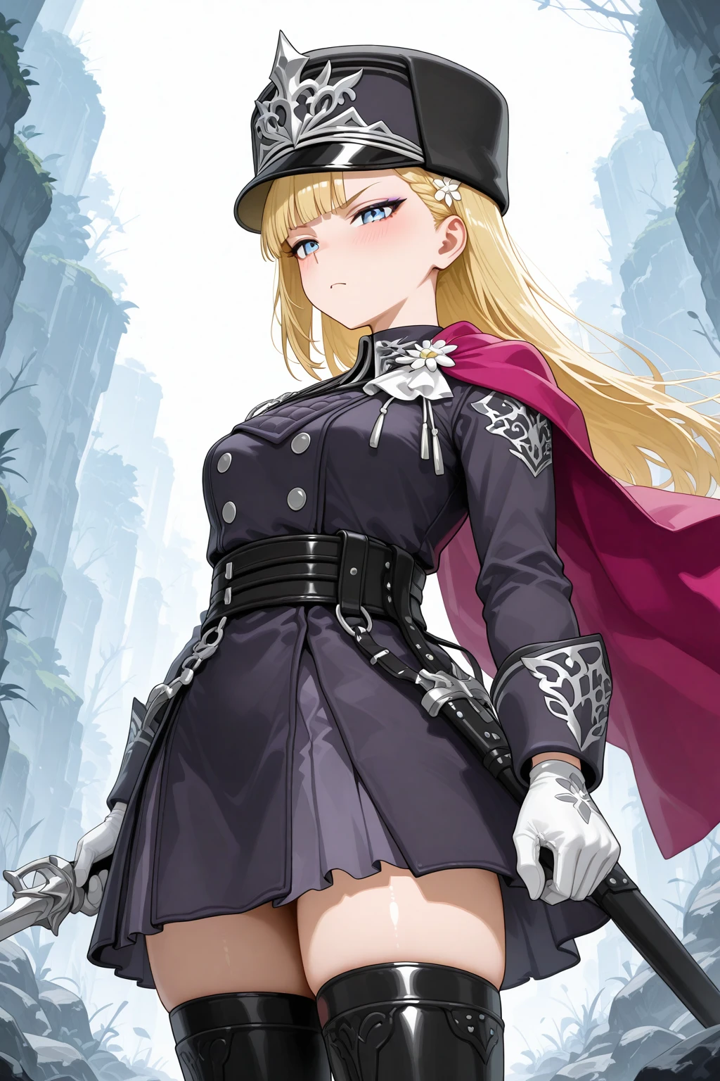 masterpiece, best quality, amazing quality, 1girl, solo, makeup, general, cowboy shot, looking at viewer, blush, dramatic angle, angry, from below, from side, outdoors, rock, <lora:RFGoA_Clar:1>, RFGoA_Clar, long hair, blue eyes, blonde hair, braid, blunt bangs, breasts, makeup, eyeshadow, hair flower, military hat, peaked cap, black headwear, military uniform, white gloves, purple cape, long sleeves, jacket, belt, black thighhighs, zettai ryouiki, dress, aiguillette, sheath, saber(weapon), holding sword in one hand, combat stance, <lora:wai-A3-V140:1>, <lora:illustrious_noobai_epsilon_pred_1_masterpieces_v1:1>