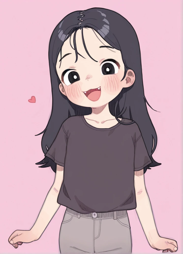 masterpiece, best quality, <lora:pssmmill:1>pssmm style, by pssmm, pssmm ,1girl, solo, looking at viewer, shirt ,pants ,simple background, she is happy , ,long hair ,black hair