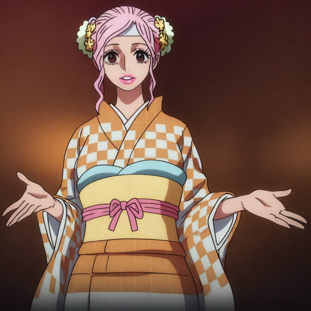 O-SomeOP, 1girl, solo, pink hair, hair ornament, hair bun, hair flower, sidelocks, brown eyes, full lips, pink lipstick, japanese clothes, orange checkered kimono, wide sleeves, sash, yellow obi, large breast, thick thighs, headband, tabi, yukata, masterpiece, best quality, fine details, intricate details, depth of field, subsurface scattering, bokeh, ultra-detailed, very aesthetic, detailed background, newest, scenery, highres, absurdres, colorful, vibrant, glowing, perfect face, 2d, perfect eyes, vibrant saturated colors, volumetric lighting, sharp, detailed eyes, perfect anatomy, perfect face, perfect eyes, mature body, clear eyes, beautiful eyes, athletic, curvy body, athletic girl, perky tits, perfect tits, round breasts, pinup pose, teasing, lustful expression, perfect hands,