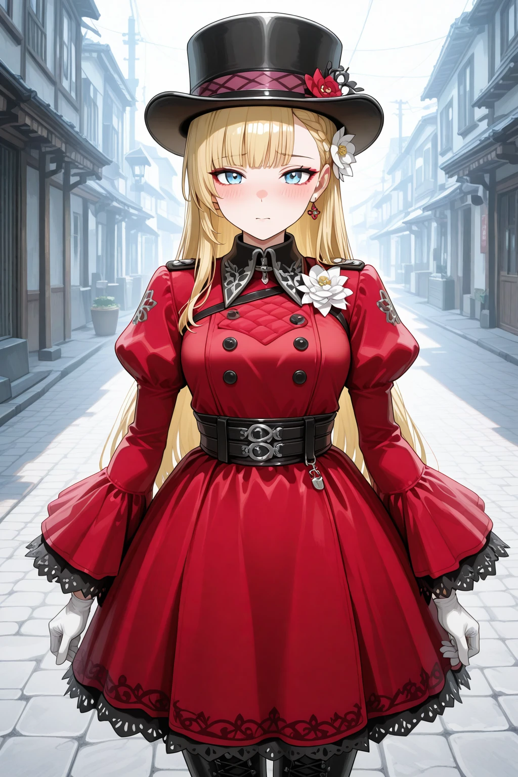 masterpiece, best quality, amazing quality, 1girl, solo, makeup, general, cowboy shot, looking at viewer, blush, dramatic angle, shy, humiliation, outdoors, boutique, street, <lora:RFGoA_Clar:0.8>, RFGoA_Clar, long hair, blue eyes, blonde hair, braid, blunt bangs, breasts, makeup, eyeshadow, hair flower, long sleeves, wide sleeves, puffy sleeves, juliet sleeves, gloves, white gloves, dress, red dress, lace, outline, top hat, black headwear, belt, jewelry, black footwear, lace-up boots, cross-laced footwear, <lora:wai-A3-V140:1>, <lora:illustrious_noobai_epsilon_pred_1_masterpieces_v1:1>