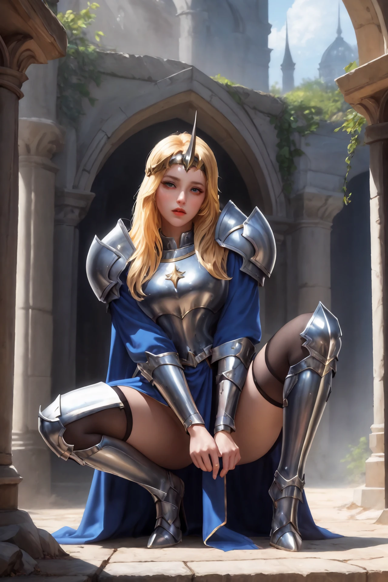 Warrior blonde, armor, medieval fantasy, D&d, RPG, ultra realistic, ultra detailed, best quality, 8k, wallpaper, steel breastplate, steel boots, steel gauntlets, steel gloves, sitting, open legs, blue skirt, small panties, white panties, panty view, upskirt, thong, cameltoe, pantyshot, RAW,