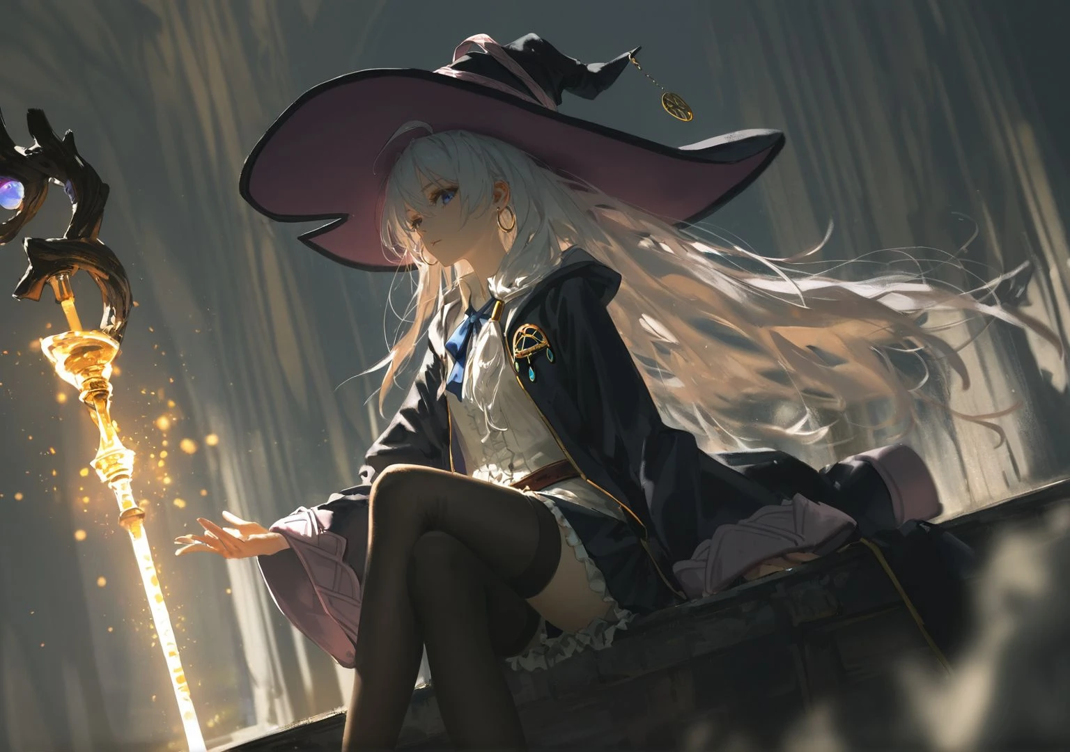 oil painting,impasto,highres,extremely detailed 8k wallpaper,illustration,depth of field,great quality,masterpiece,best quality,amazing quality,very aesthetic,absurdres,wallpaper,detail eyes,Dark Souls style,
artist:dino_(dinoartforame),artist:konya_karasue,artist:nixeu,(artist:wlop:0.5),artist:ciloranko BREAK
elaina \(majo no tabitabi\),1girl,solo,long hair,thighhighs,jewelry,earrings,crossed legs,sitting,skirt,looking at viewer,hoop earrings,bangs,ribbon,closed mouth,witch,mage staff,glowing staff,(white hair:1.7),flowing hair,very long hair,