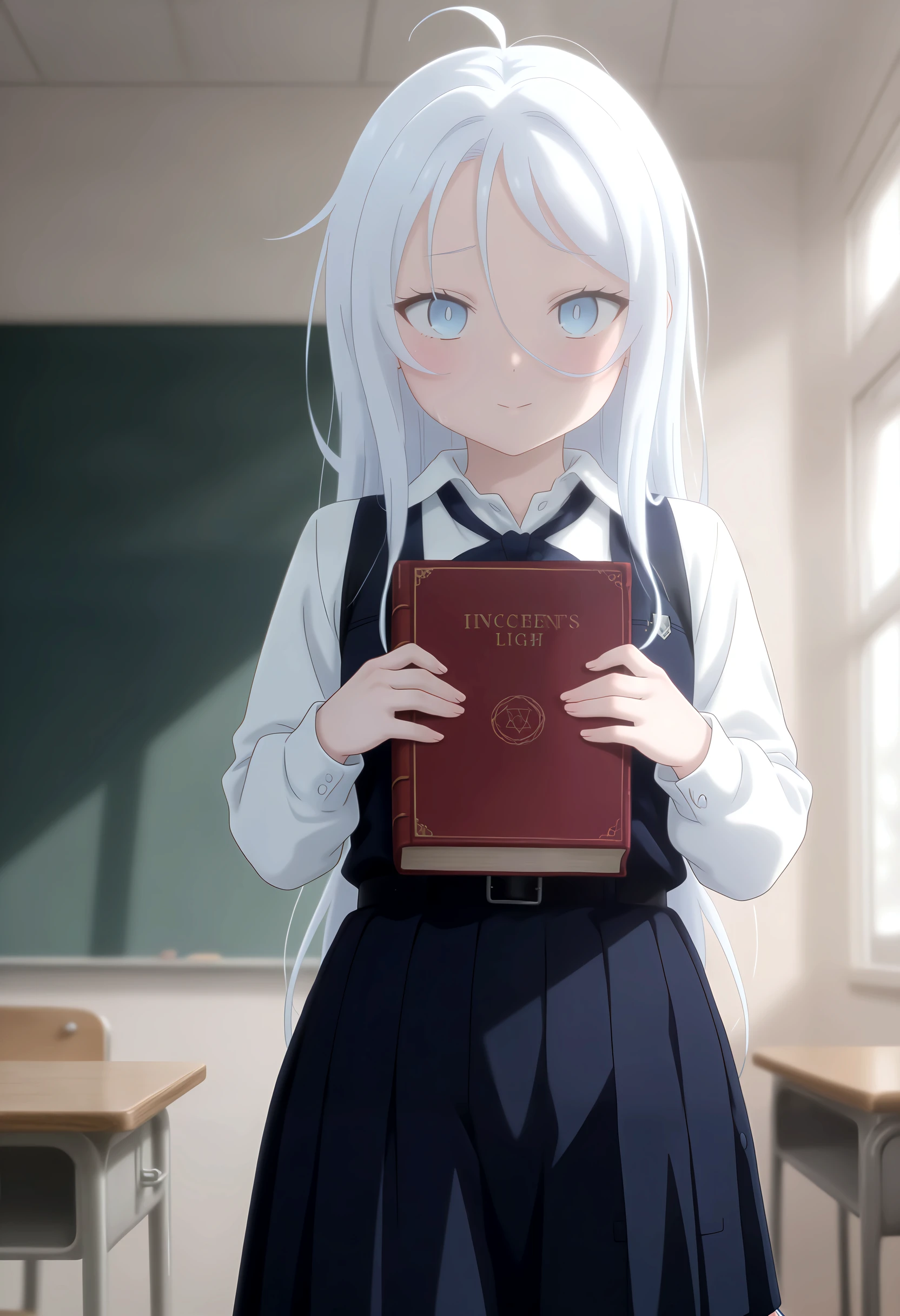 masterpiece, best quality, amazing quality, very aesthetic, high resolution, absurdres, newest, danda7th, 1girl, solo, school uniform, long silver hair, blue eyes, standing in classroom, gentle smile, holding book, soft morning light, detailed facial features, innocent expression, simple gradient background <lora:DanDa7th_Fusion:1.4000000000000004>