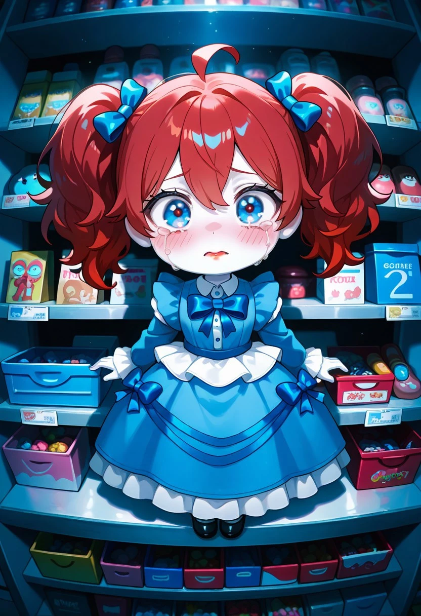 popplay, 1girl, twintails, red hair, blue bow, lipstick, blue dress, blush, long sleeves, white skin, big head, adult, shortstack,, big eyes,
inside toy box, toy store, on shelf, toy store shelf, at night, blue box, crying, bloody, night time, closed store,
,masterpiece, best quality, amazing quality, very aesthetic, absurdres, newest,,(( cinematic,))