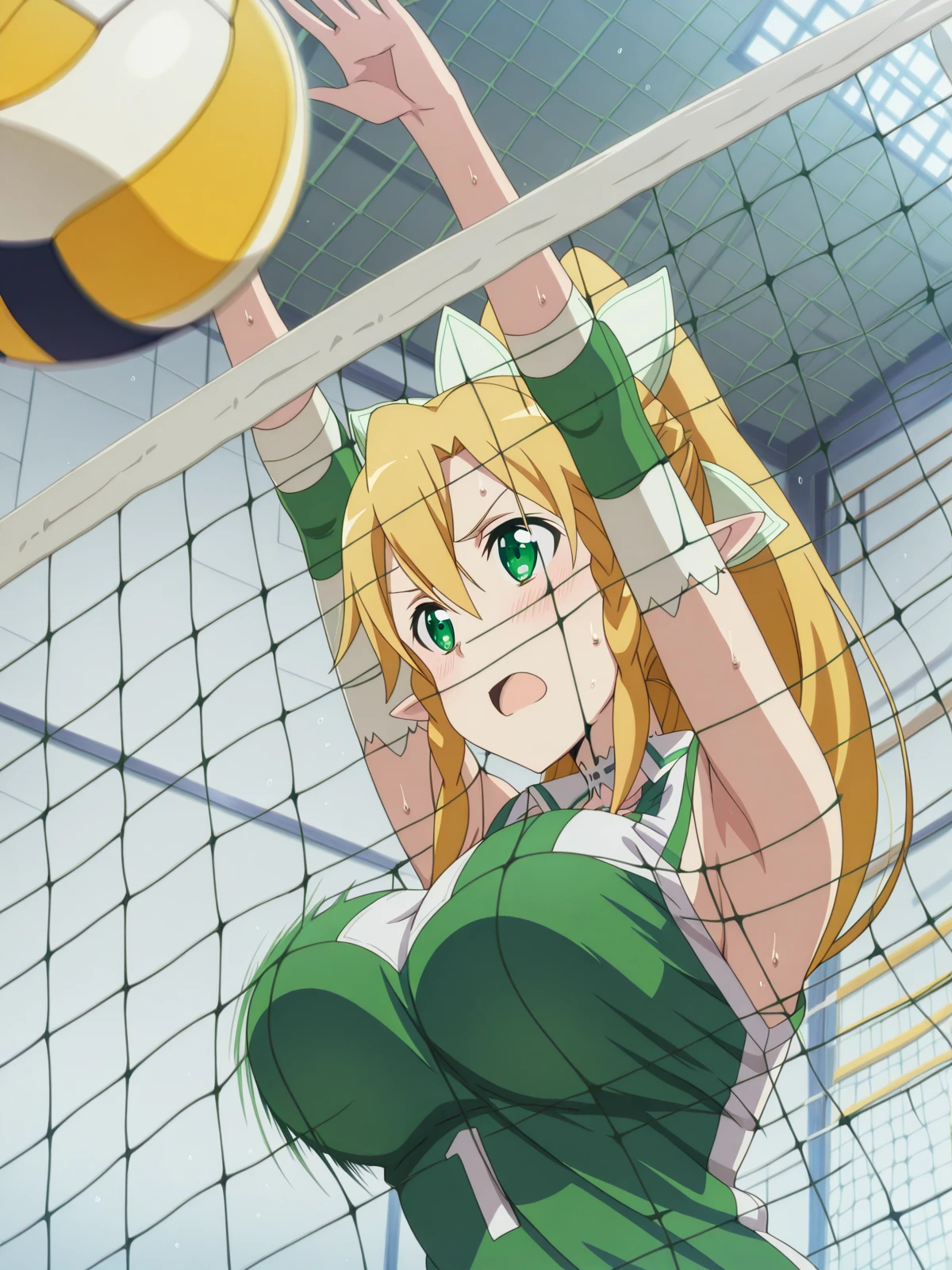 masterpiece, best quality, amazing quality,, <lora:suguha-kirigaya-s1-illustriousxl-lora-nochekaiser:1>, suguha kirigaya, leafa (sao), long hair, blonde hair, hair between eyes, green eyes, ponytail, braid, pointy ears, twin braids, mature female, breasts, anime screencap, <lora:volleyball-block-illustriousxl-lora-nochekaiser:1>, volleyball block, solo, blush, open mouth, sweat, armpits, arms up, ball, volleyball, volleyball (object), volleyball net, motion blur, indoors, elbow sleeve, volleyball uniform, shorts, shirt, sleeveless, elbow pads, knee pads, , ,