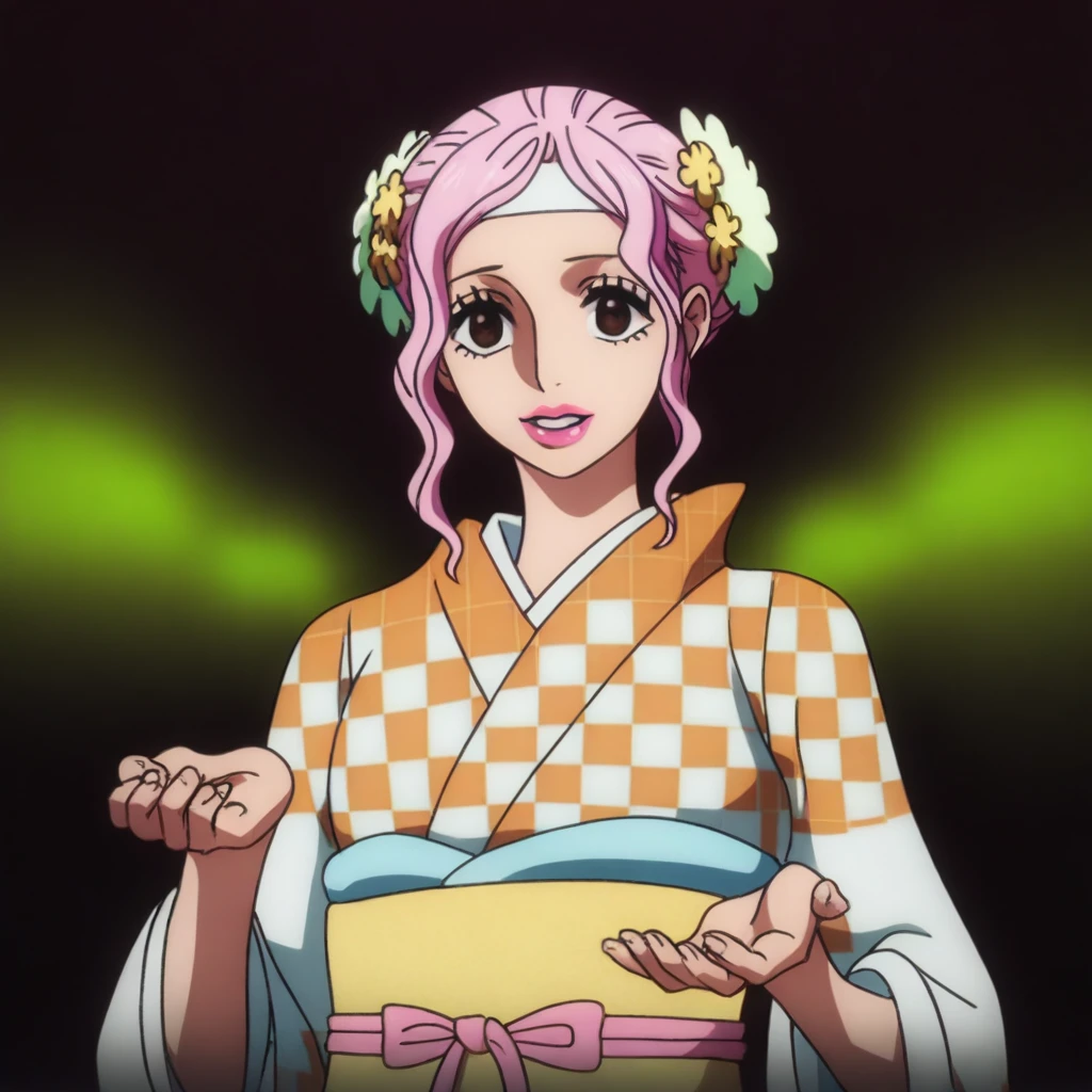 O-SomeOP, 1girl, solo, pink hair, hair ornament, hair bun, hair flower, sidelocks, brown eyes, full lips, pink lipstick, japanese clothes, orange checkered kimono, wide sleeves, sash, yellow obi, large breast, thick thighs, headband, tabi, yukata, masterpiece, best quality, fine details, intricate details, depth of field, subsurface scattering, bokeh, ultra-detailed, very aesthetic, detailed background, newest, scenery, highres, absurdres, colorful, vibrant, glowing, perfect face, 2d, perfect eyes, vibrant saturated colors, volumetric lighting, sharp, detailed eyes, perfect anatomy, perfect face, perfect eyes, mature body, clear eyes, beautiful eyes, athletic, curvy body, athletic girl, perky tits, perfect tits, round breasts, pinup pose, teasing, lustful expression, perfect hands,