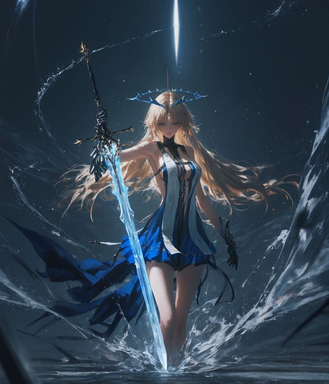 oil painting,impasto,highres,extremely detailed 8k wallpaper,illustration,depth of field,great quality,masterpiece,best quality,amazing quality,very aesthetic,absurdres,wallpaper,detail eyes,
artist:dino_(dinoartforame),artist:konya_karasue,artist:nixeu,artist:wlop,artist:ciloranko BREAK
1girl,solo,Fleurdelys \(wuthering waves\),large blue levitating spiked circlet,forehead mark with forehead horn,long hair,weapon,blonde hair,sword,blue eyes,gauntlets,dress,breasts,looking at viewer,gloves,bare shoulders,blue dress,glowing weapon,<lora:Cartethyia&Fleurdelys-ill-Tanger:0.6>,