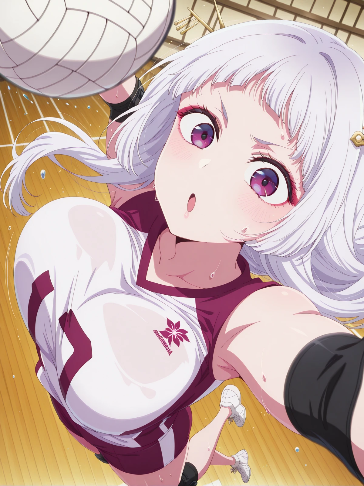 masterpiece, best quality, amazing quality,, <lora:akane-kurokawa-s1s2-illustriousxl-lora-nochekaiser:1>, sayahime, long hair, bangs, hair ornament, purple eyes, white hair, hair stick, mature female, , anime screencap, <lora:volleyball-spike-from-above-illustriousxl-lora-nochekaiser:1>, volleyball spike from above, solo, looking at viewer, blush, open mouth, collarbone, sweat,, blurry, :o, ball, bouncing , jumping, volleyball, volleyball (object), hand up, arm up, indoors, elbow sleeve, volleyball uniform, shorts, shirt, sleeveless, elbow pads, knee pads, , ,