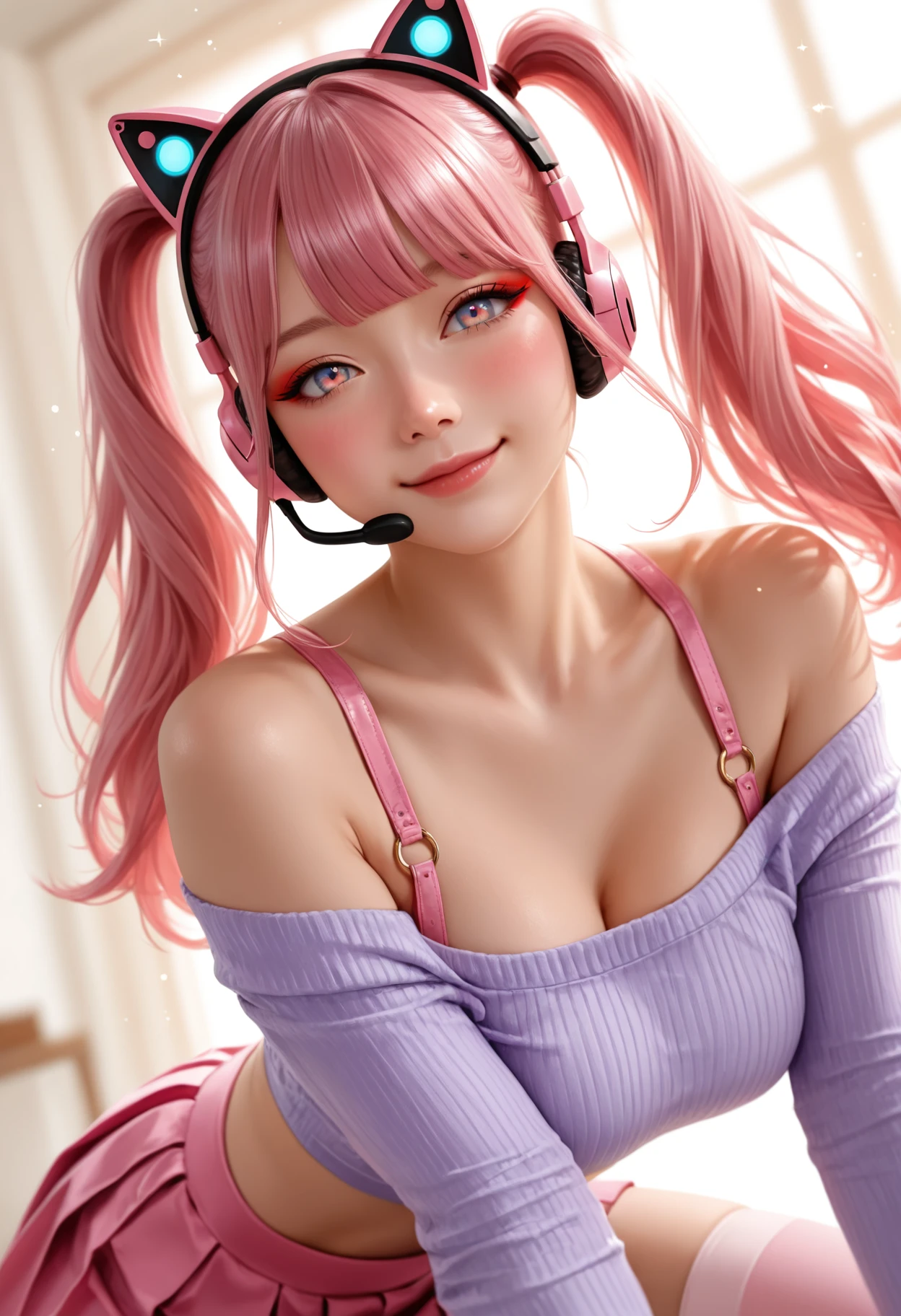 adult, mature, masterpiece, best quality, good quality, newest, highres, absurdres,
BREAK
raytracing, ambient occlusion,best quality, very awa, dynamic, cinematic, depth of field,blurry,
BREAK
realistic, masterpiece, absolutely eye-catching, (beautiful face),
BREAK
delicate colors, || partially illuminated, ultra-HD, cinematic lighting, photorealistic, impressionism (1.5), high detail, depth of field, (blurred background), (dramatic lighting), best quality, very aesthetic,realistic, simple_background, eye_focus. half close-up, sexy pose, long pink hair, straight hair,blunt bangs, (high twintails),hair down, long hair, red eye makeup, multicolored eyes, pink eyes, blue eyes, gradient eyes, blushing, asian woman, small head, pretty woman, korean, shy face, blushing, ((slim body)), (large breasts), Dynamic angle, Dynamic pose, portrait, (light purple top, off the shoulder, long sleeve, sparkles, midriff),short pleated skirt, pink skirt, pink headset, cat headset, pink bondage straps, o-ring, light pink thighhighs, smirk, looking at viewer