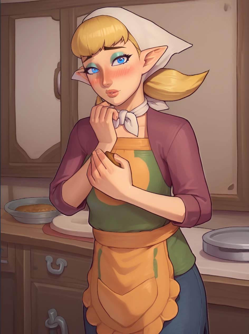 1girl, solo, cowboy shot, looking at the viewer, , eager, , bashful, blushing,
<lora:Peatrice_Skyward_Sword_Pony:0.85> peatrice, blonde hair, pointy ears, head scarf, apron, blush, blue eyes, makeup, lips, bandana
<lora:AsuraLycoXL:1>âââ