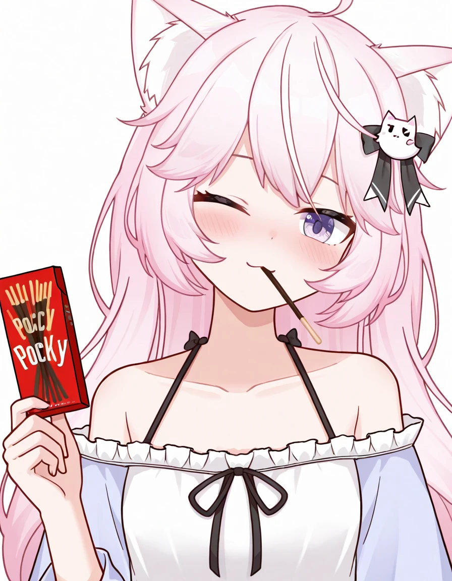 Pizza, 1girl, pink hair, animal ears, solo, chest, tail, big breasts, yellow eyes, ass, black hat, thighs, long hair, look at the viewer, tongue, goggles, white thighs, gloves, fangs, black gloves, blush, shorts, white background, simple background, goggles on the head, turn around, side ,