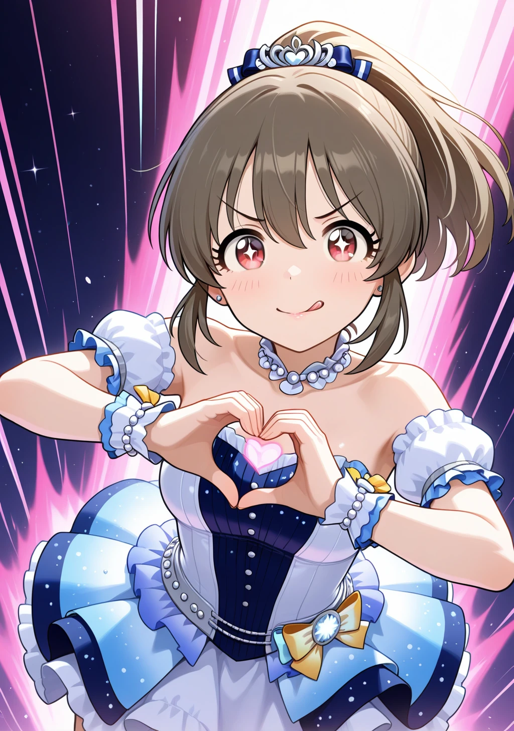 masterpiece, best quality, absurdres, perfect lighting,shiny skin,1girl,hori yuko,brown hair,red eyes,<lora:hori_yukko:1>,starry sky bright \(idolmaster\),hair ornament,frilled dress,heart hands,heart effects,sparkling eyes,licking lips,tongue, speed lines, motion lines, v-shaped eyebrows, pink aura, energy beam,colorful,looking at viewer,
