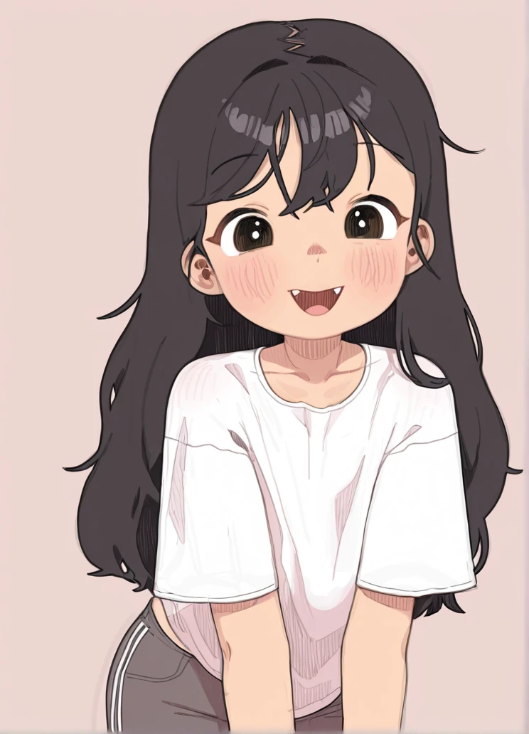 masterpiece, best quality, <lora:pssmmill:1>pssmm style, by pssmm, pssmm ,1girl, solo, looking at viewer, shirt ,pants ,simple background, she is happy , ,long hair ,black hair