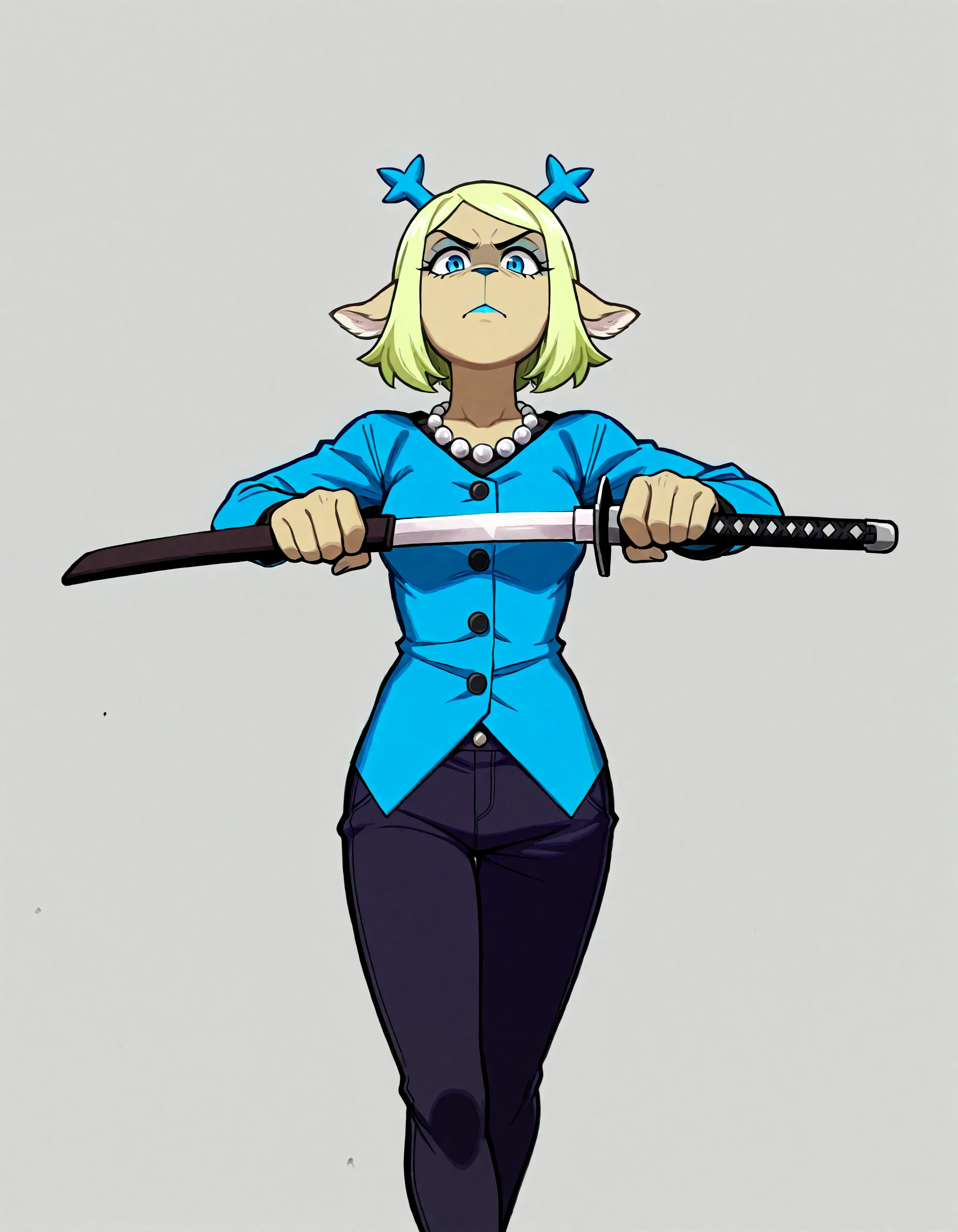 masterpiece, best quality, art by niac , (art by namu), carolhh, unsheathing, 1girl, solo, sheath, bead necklace, katana, holding sword, bead necklace, holding, drawing sword, looking at viewer, jewelry, holding sheath