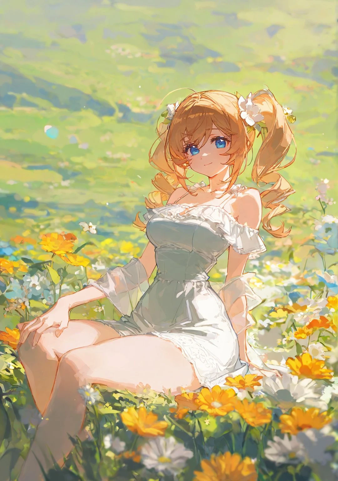 highres,extremely detailed 8k wallpaper,illustration,depth of field,great quality,masterpiece,best quality,amazing quality,very aesthetic,absurdres,detail eyes,
Chosen pastel style,artist:ciloranko BREAK
curvy,(narrow waist:1.1),<lora:Chosen pastel style:0.8>,(Barbara \(genshin impact\):0.7),white dress,bare shoulder,sun dress,short dress,flowers,spring,sitting,hand on leg,looking at viewer,shawl,