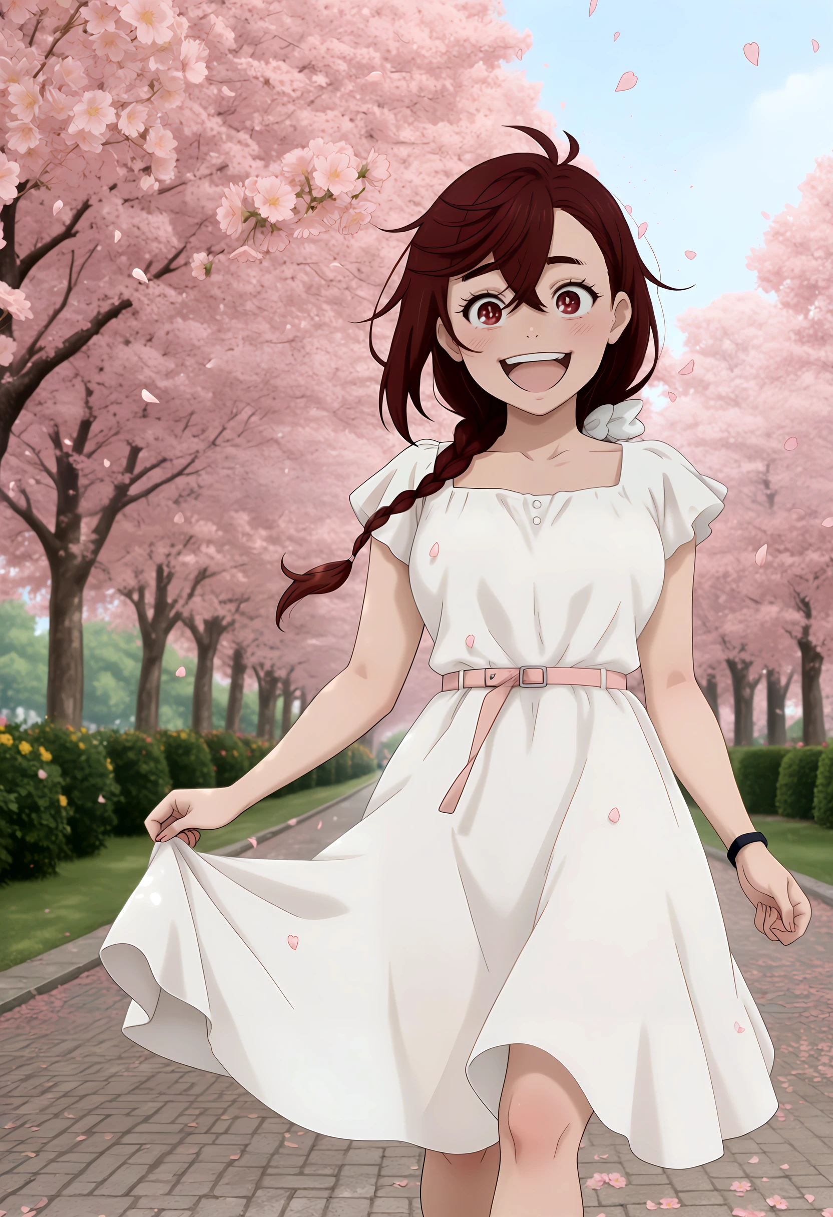 masterpiece, best quality, amazing quality, very aesthetic, high resolution, absurdres, newest, danda7th, 1girl, solo, casual dress, braided brown hair, hazel eyes, walking in park, cheerful laugh, flower petals in air, vibrant colors, friendly vibe, simple sunny sky background <lora:DanDa7th_Fusion:1.4000000000000004>