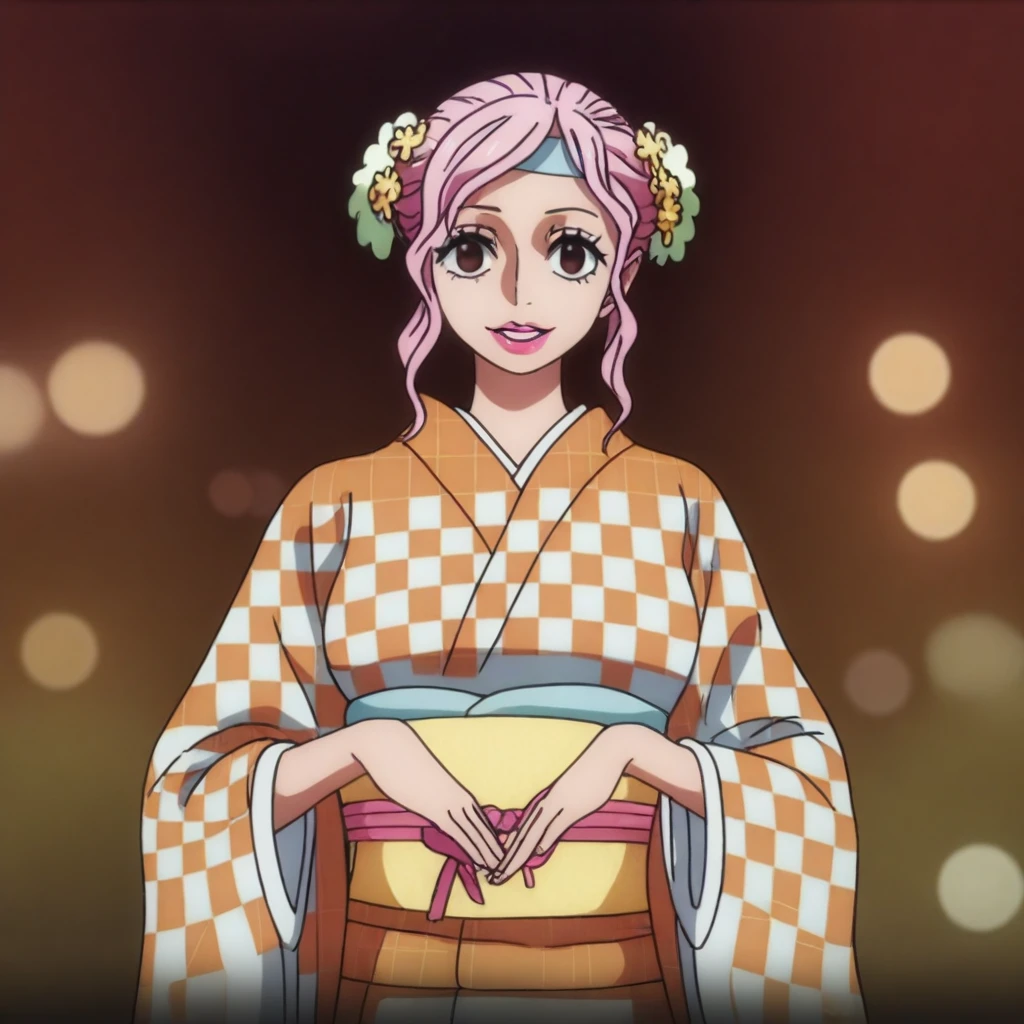 O-SomeOP, 1girl, solo, pink hair, hair ornament, hair bun, hair flower, sidelocks, brown eyes, full lips, pink lipstick, japanese clothes, orange checkered kimono, wide sleeves, sash, yellow obi, large breast, thick thighs, headband, tabi, yukata, masterpiece, best quality, fine details, intricate details, depth of field, subsurface scattering, bokeh, ultra-detailed, very aesthetic, detailed background, newest, scenery, highres, absurdres, colorful, vibrant, glowing, perfect face, 2d, perfect eyes, vibrant saturated colors, volumetric lighting, sharp, detailed eyes, perfect anatomy, perfect face, perfect eyes, mature body, clear eyes, beautiful eyes, athletic, curvy body, athletic girl, perky tits, perfect tits, round breasts, pinup pose, teasing, lustful expression, perfect hands,
