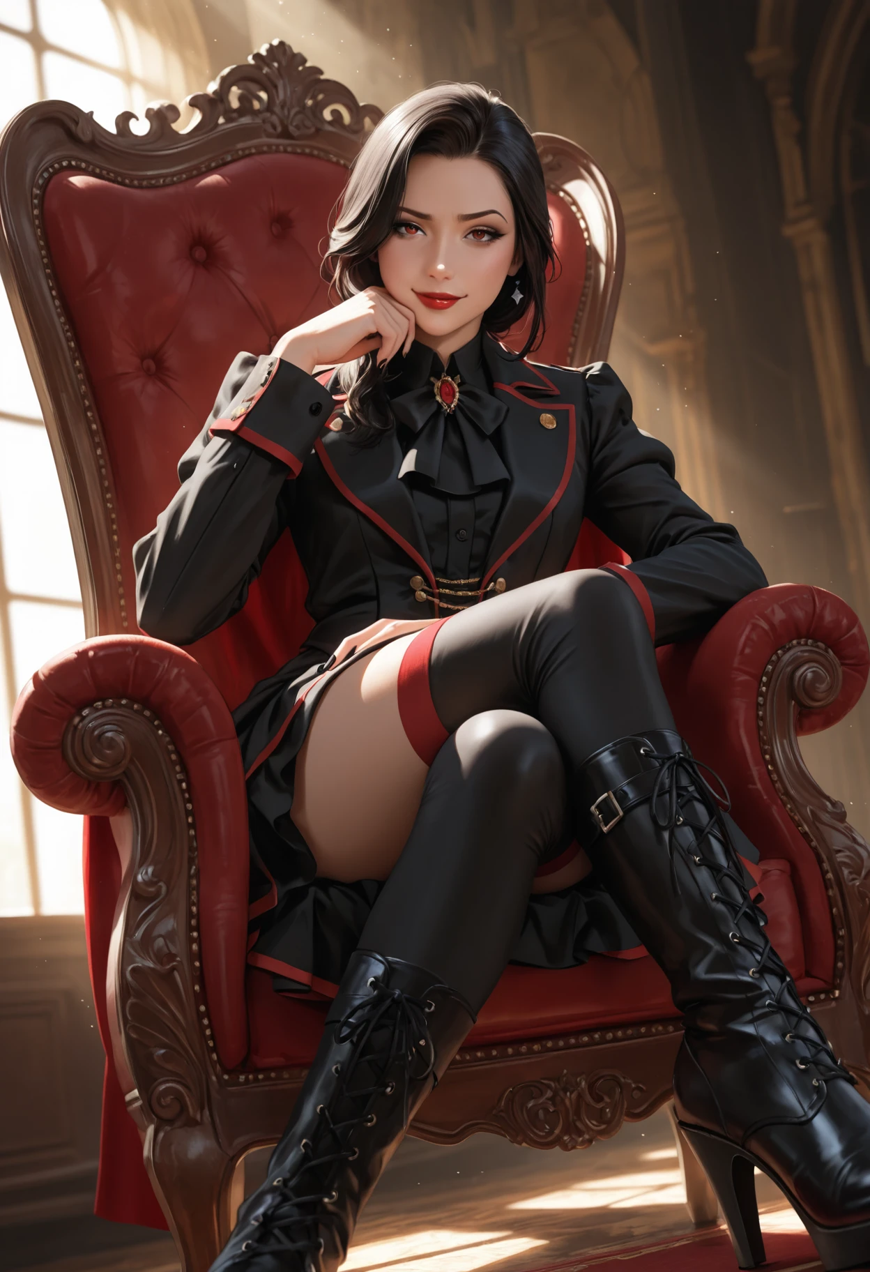 adult, mature, masterpiece, best quality, good quality, newest, highres, absurdres,
BREAK
raytracing, ambient occlusion,best quality, very awa, dynamic, cinematic, depth of field,blurry,
BREAK
realistic, masterpiece, absolutely eye-catching, (beautiful face),
BREAK
mature sultry vampire, sexy Victorian attire, mature, sitting in throne, stylized gothic background, bored expression, hand on cheek, moody, (light rays), red trim highlights, filmic, seductive pose, thighhigh boots, black Victorian hair, Romanian, long face, vivid, black and white, white detailed skin, goth makeup, black nails, looking at viewer, raised eyebrow, slight smirk, detailed skin, red lips