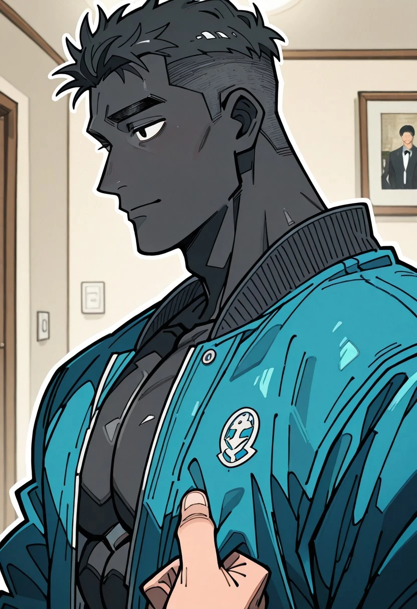 chappii, posing, solo man, male, 1boy, male focus, detail background, bedroom background,
masterpiece, 1boy, solo, yaoi, handsome, upper body, pov, male focus, detail background, black hair, short hair, black eyes, black skin, black eyebrows, black eyes, undercut hair, muscles, hyper detailed, analog photo, Cinematic, bedroom background, 30 yo, social hair, jacket, mature man, (neutral expression:0.5), (happy:0.6), slim face, side view, soft face, hyper chest