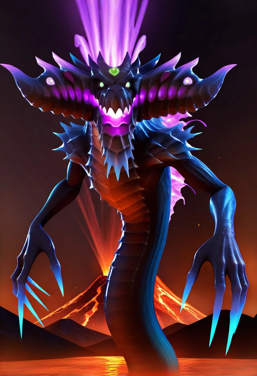 masterpiece, best quality, absurdres, 3D, solo male, Dark Gaia, monster, black body, giant black horns, glowing purple eyes, purple mouth, claws, (fat, snakish body, snakelike body, no legs), volcano, dark sky,