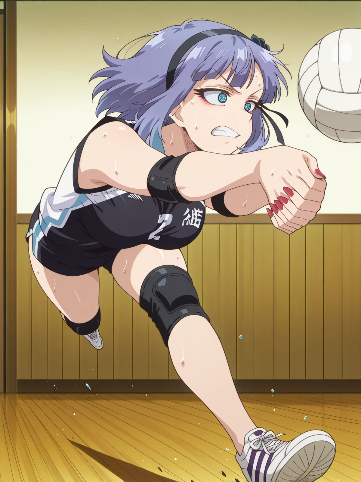 masterpiece, best quality, amazing quality,, <lora:hotaru-shidare-s2-illustriousxl-lora-nochekaiser:1>, hotaru shidare, short hair, blue eyes, hair ornament, purple hair, flower, hairband, hair flower, ringed eyes, mature female, , anime screencap,, <lora:volleyball-roll-illustriousxl-lora-nochekaiser:1>, volleyball roll, solo, full body, sweat, teeth, clenched teeth, ball, running, volleyball, volleyball (object), outstretched arms, own hands together, indoors, volleyball uniform, shorts, shirt, sleeveless, elbow pads, , ,