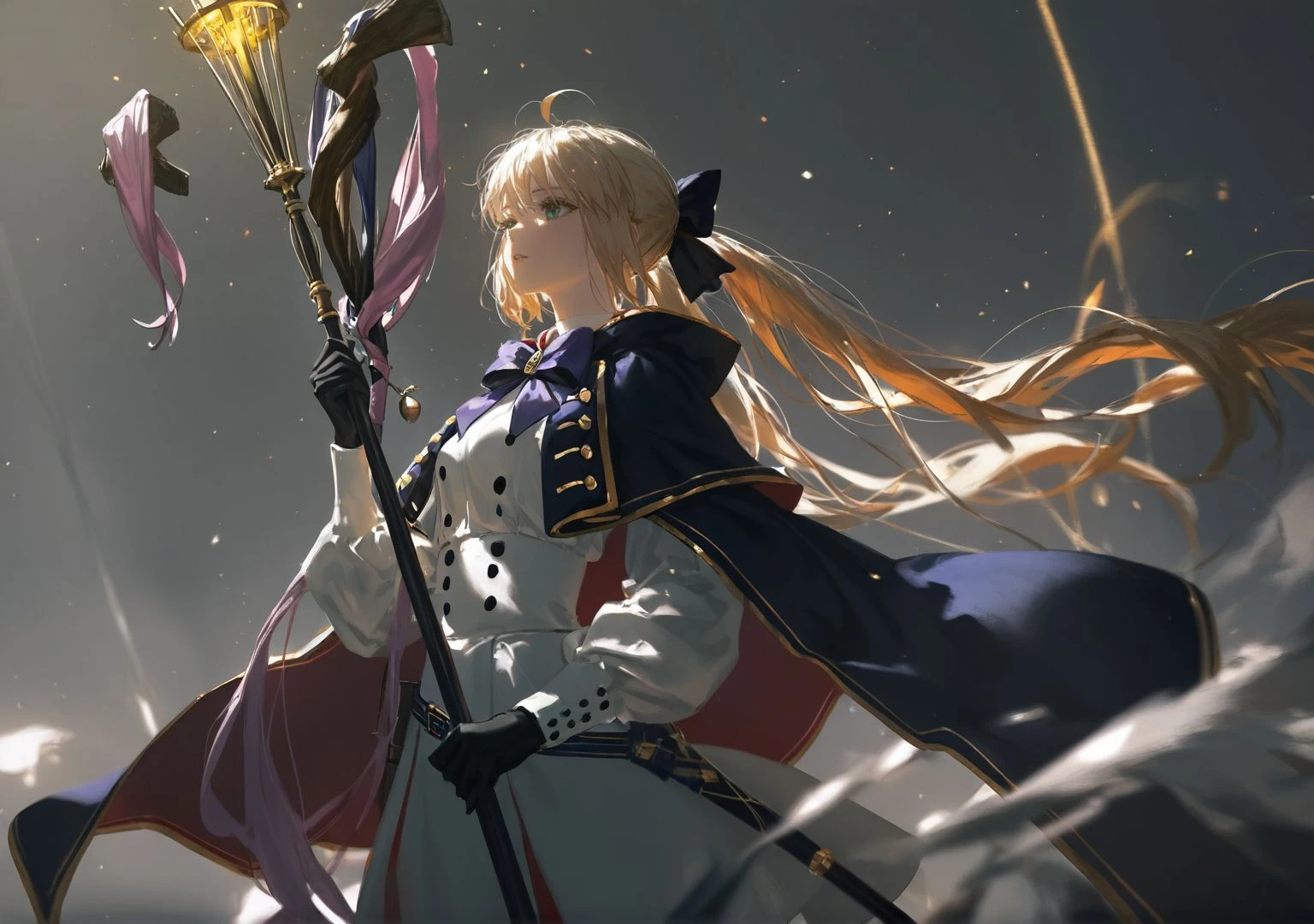 oil painting,impasto,highres,extremely detailed 8k wallpaper,illustration,depth of field,great quality,masterpiece,best quality,amazing quality,very aesthetic,absurdres,wallpaper,detail eyes,Dark Souls style,
artist:dino_(dinoartforame),artist:konya_karasue,artist:nixeu,(artist:wlop:0.5),artist:ciloranko BREAK
1girl,artoria caster (fate),artoria pendragon (fate),blonde hair,gloves,green eyes,long hair,artoria caster (second ascension) (fate),staff,holding,holding staff,solo,black gloves,twintails,bow,cape,long sleeves,bangs,ribbon,hair bow,blue cape,parted lips,messy hair,Flowing hair,