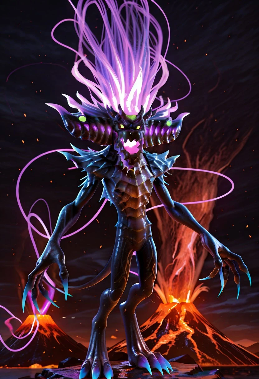 masterpiece, best quality, absurdres, 3D, solo male, Dark Gaia, monster, black body, giant black horns, glowing purple eyes, purple mouth, claws, snakelike body, no legs, volcano, dark sky,